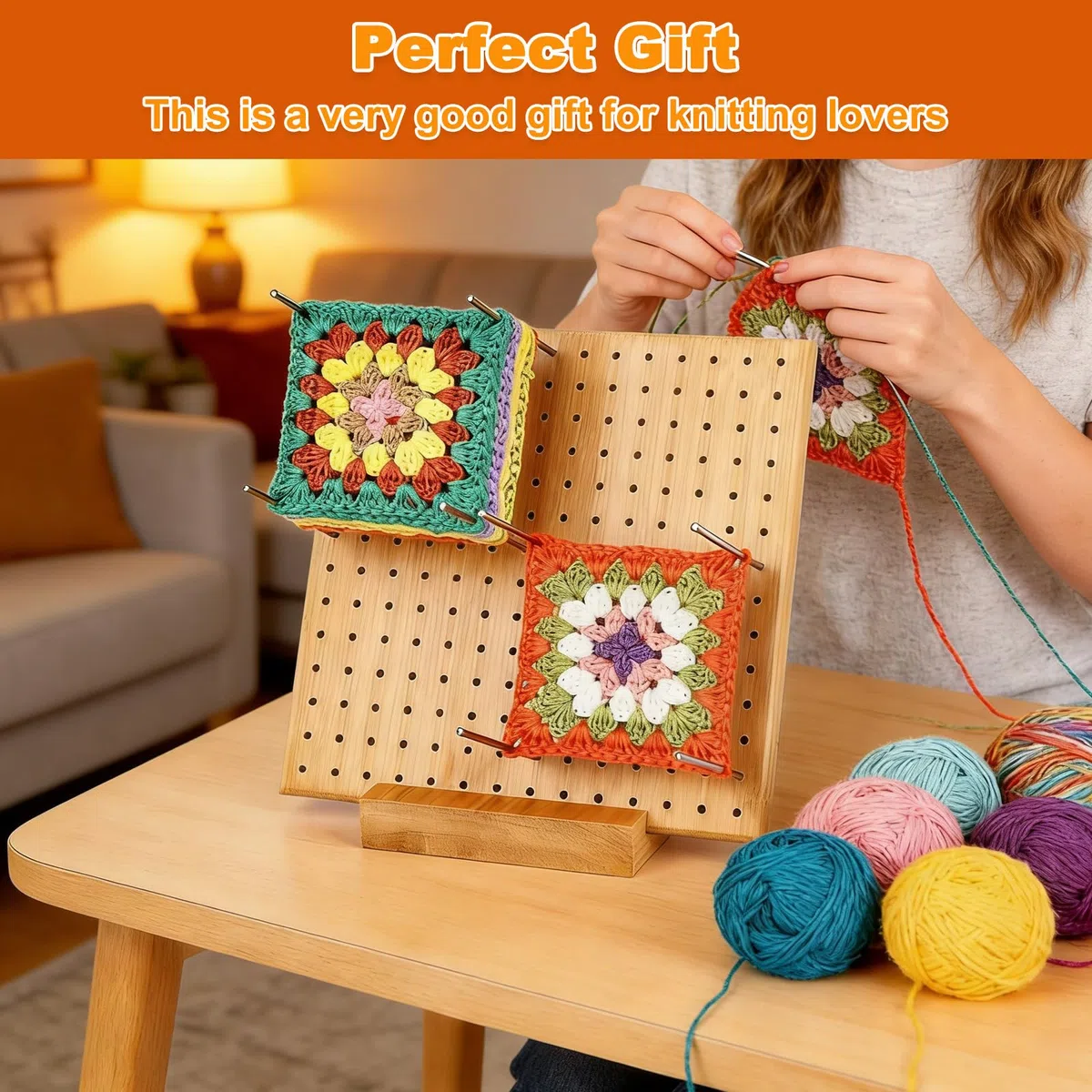 Kit Bloqueador Crochet con 20 Barras Acero Inoxidable, 1 Base Soporte y 5 Agujas Ojos Grandes, Tabla Bloqueo Ganchillo Madera Bambú, Tablero Bloqueo Cuadrado para Proyectos Punto Hechos Mano (20x20cm)