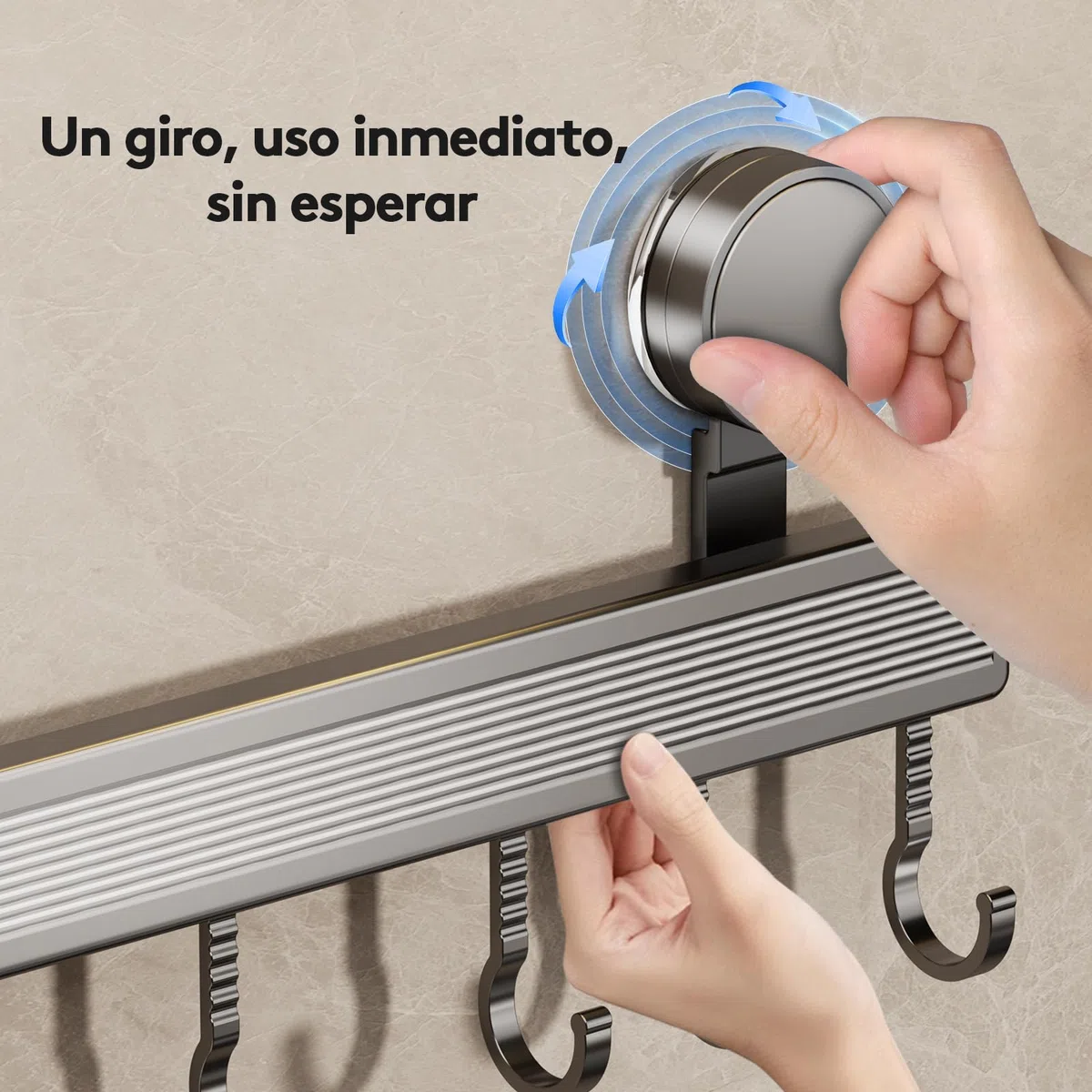 Barra de ganchos para cocina sin taladro con ventosa | 8 ganchos, 40 cm de largo, capacidad de carga de 20 kg, instalación en 1 minuto | Barra desmontable para utensilios de cocina