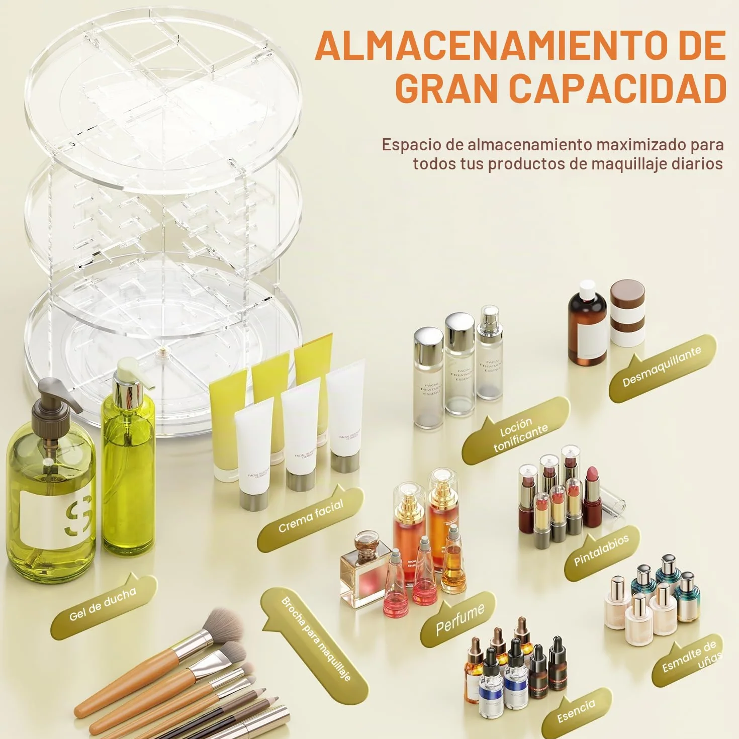 Auxmir Organizador de Maquillaje Giratorio 360, Organizador Perfumes y Cremas, Almacenaje Maquillaje con 9 Niveles Ajustables, para Pintalabios Brochas Baño Tocador, Gran Capacidad, Transparente