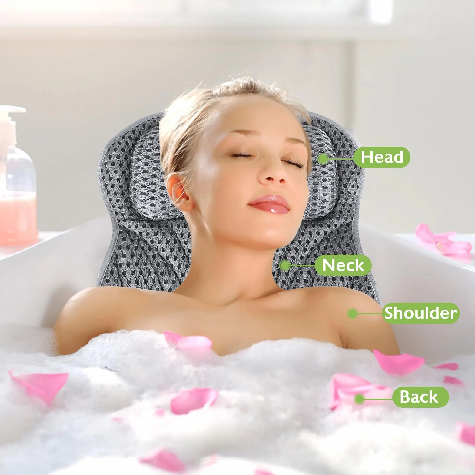 UCAMP Almohada de Baño,Cojín de Baño con tecnología 4D-Air-Mesh y 6 ventosas,Almohada para Bañera para Cabeza,Cuello,Espalda y Hombros,con máscara para Ojos Negra incluida, SPA en casa