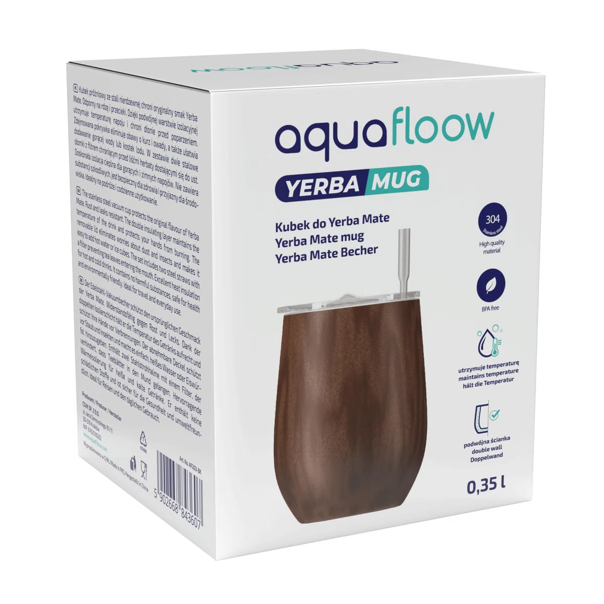 Aquafloow Set de Mate Argentino para Yerba Mate 350 ml + 2 Pajitas de Acero Maté Bombilla, Taza de Doble Pared Maté Yerba | Tapa Libre de BPA, Juego de Té de Acero Inoxidable para Yerba – Marrón