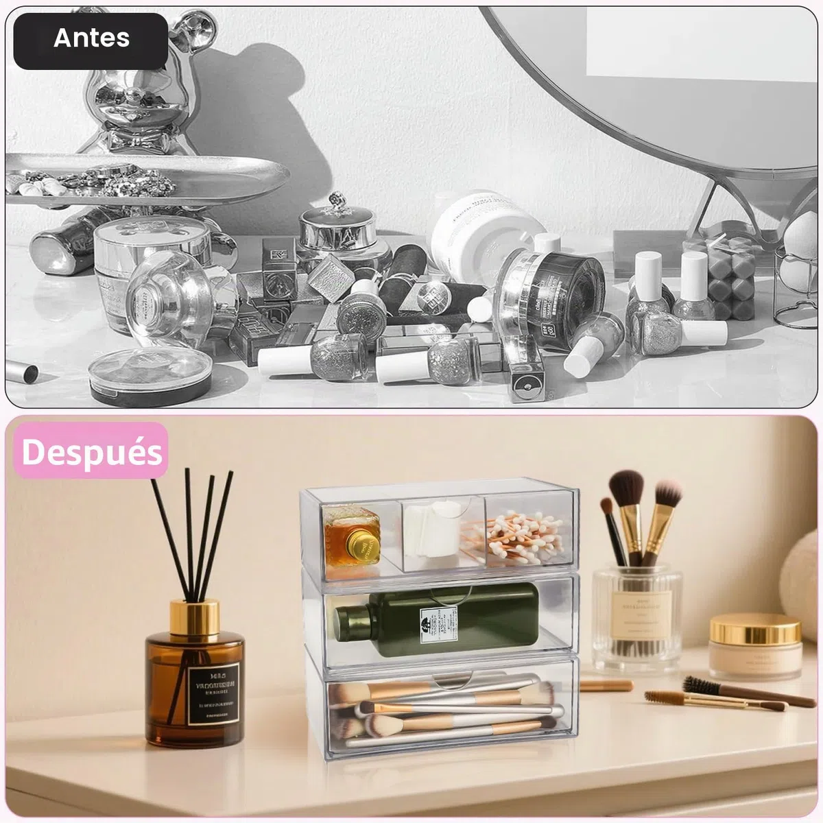 3 cajones acrílicos organizadores de tocador, apilables para baño, organizador de maquillaje transparente, almacenamiento de esmalte de uñas para cuidado de la piel, cosméticos, perfume