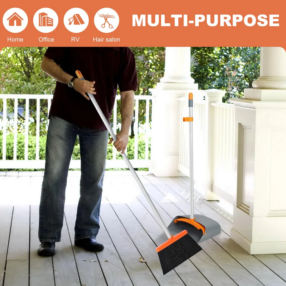 Escoba y recogedor, barredora y recogedora de Polvo Combinados con una manija Extensible de 137 cm de Largo para el Barrido de Limpieza del hogar, Naranja