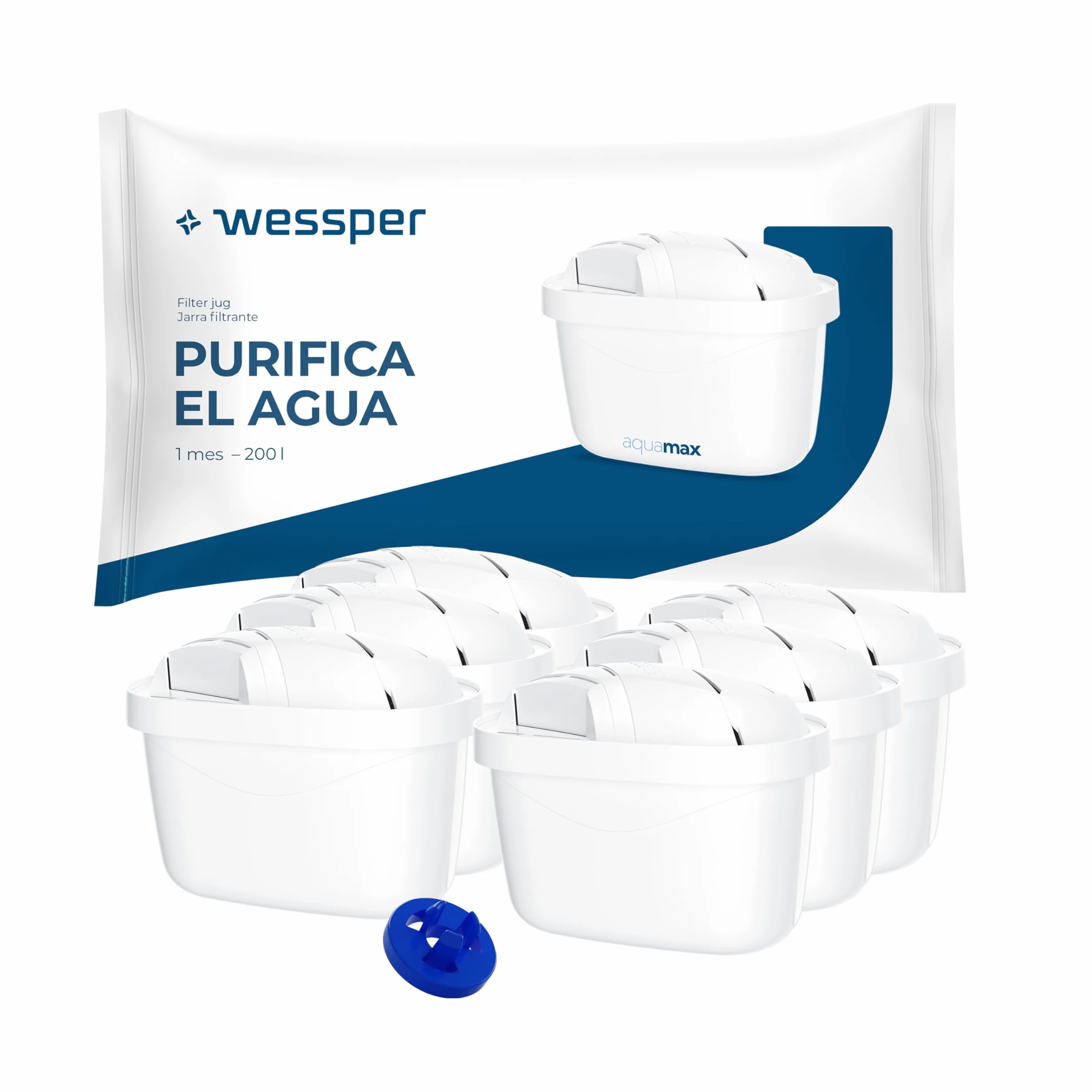 Wessper Cartucho filtro de agua para jarra, filtros con carbón activo y resina ionizante, PIN adicional compatible con brita jarra, recambio para jarras Dafi, Wessper, Philips - 6 Piezas