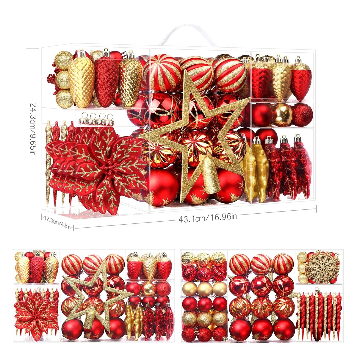 SHareconn 2025 Nuevo Juego de 106 Adornos Navideños, Adornos Decorativos de Plástico Inastillables para Decoración del Árbol de Navidad, Rojo rubí Y Oro