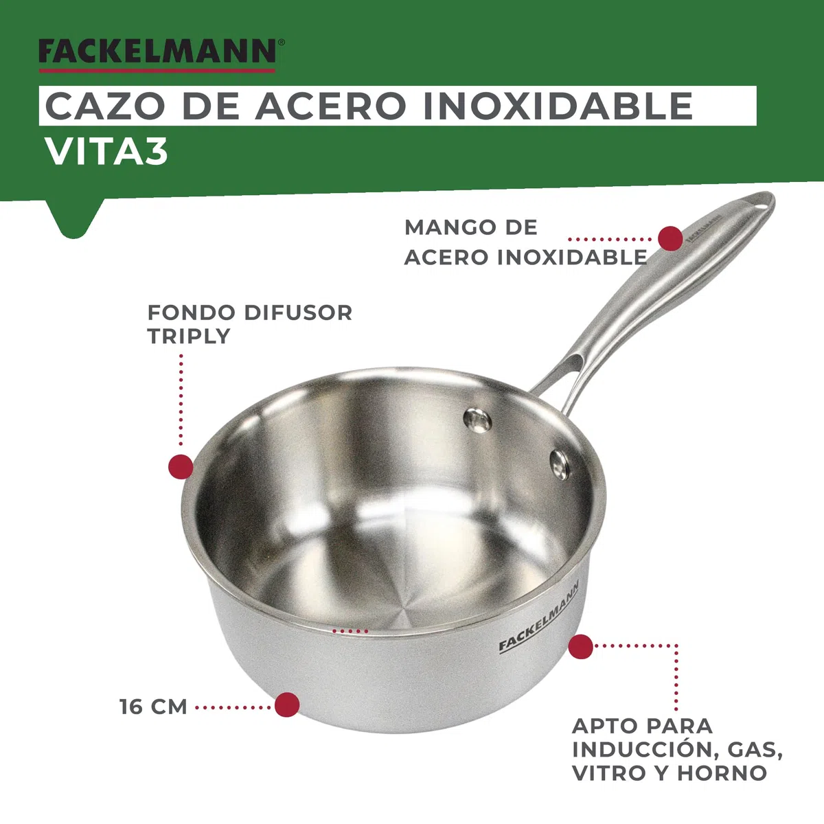 Fackelmann Vita3 Cazo Inoxidable 16 cm, Acero Inoxidable Triply con Triple Fondo Difusor, Sin Antiadherente, Sin PFA, Apta para Inducción, Gas, Vitro y Horno, Sellado Perfecto, Lavavajillas