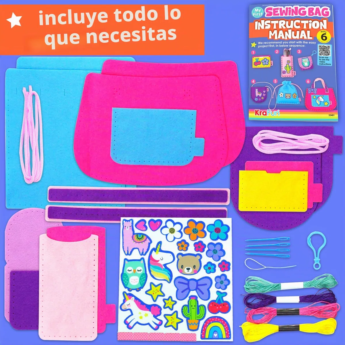 KraFun Kit de Costura Bolsos de Animales para Niños 5+ Años, 6 Proyectos Fai da Te (Bolso, Funda, Tarjetero), Fieltro, Instrucciones, Juguete Educativo