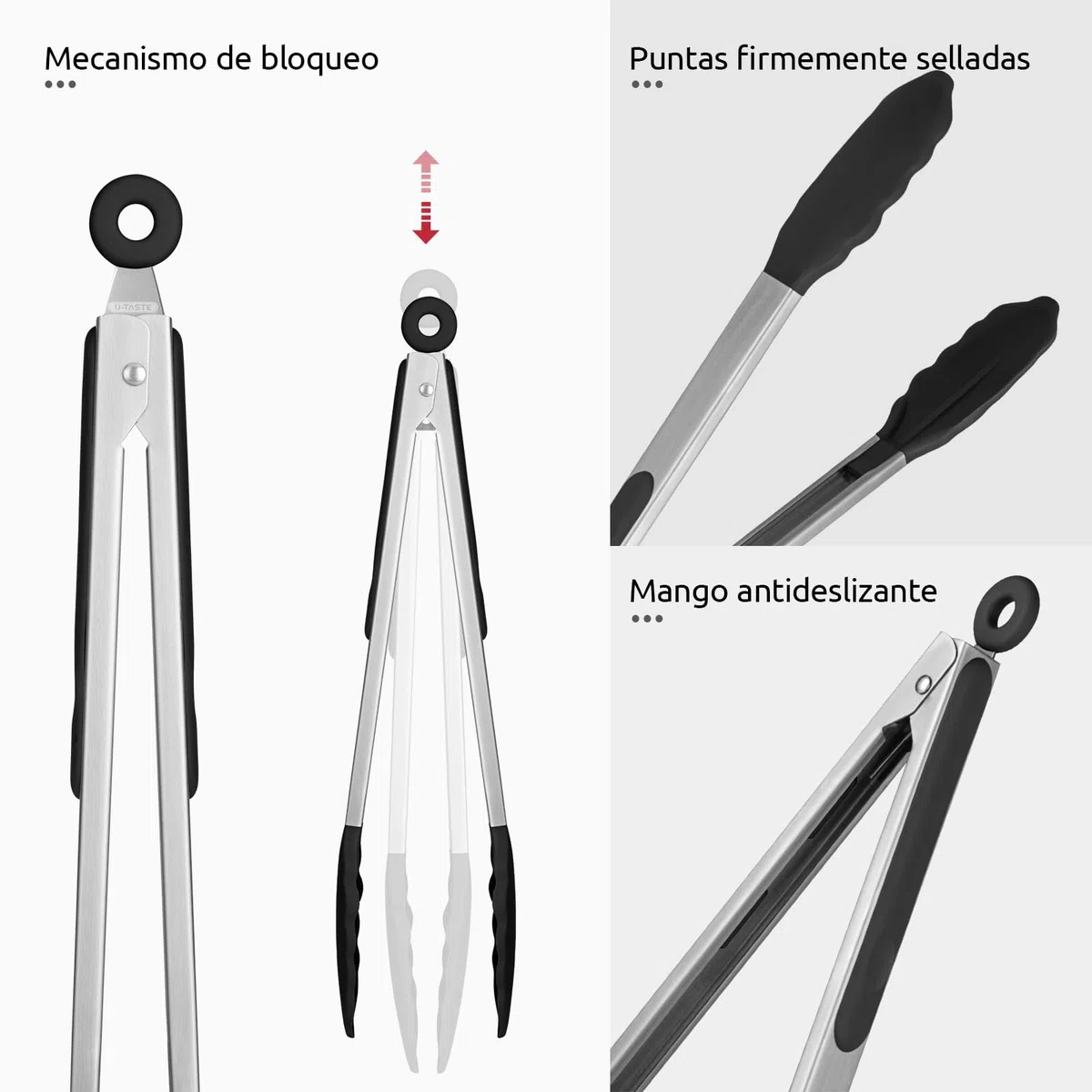 U-Taste Pinzas de Cocina de Silicona: 250℃ Resistentes al Calor con Puntas de Goma Antiadherentes Firmemente Selladas, Mango de Acero y Bloqueo Suave para Barbacoa (Negro, 30cm)