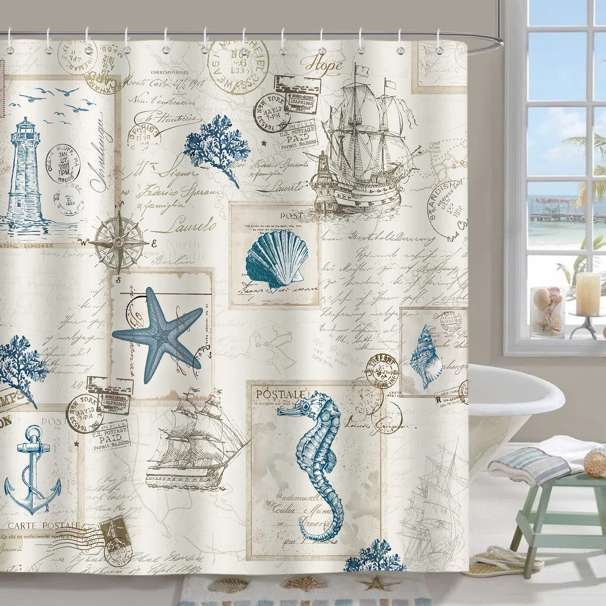 Bonhause Cortina de Ducha Náutico Ancla Faro Velero Cortina de Baño de Poliéster Impermeable Antimoho Lavable Cortina Ducha 180 x 180 cm con 12 Ganchos