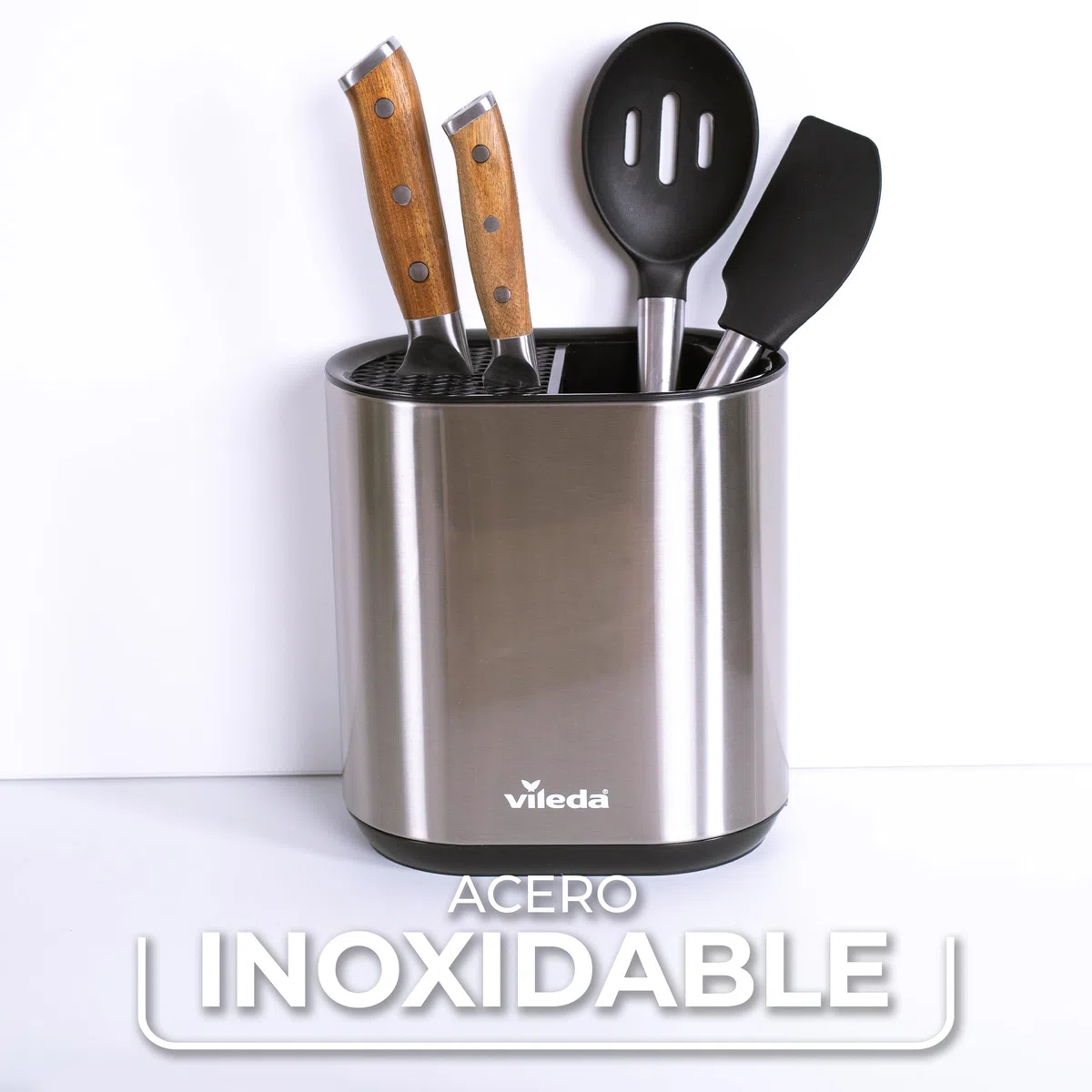 Vileda Organizador de cocina de acero inoxidable – Recipiente para guardar utensilios de cocina – Utensilios de cocina Soporte – Soporte para utensilios de cocina – Soporte para cucharas de cocina