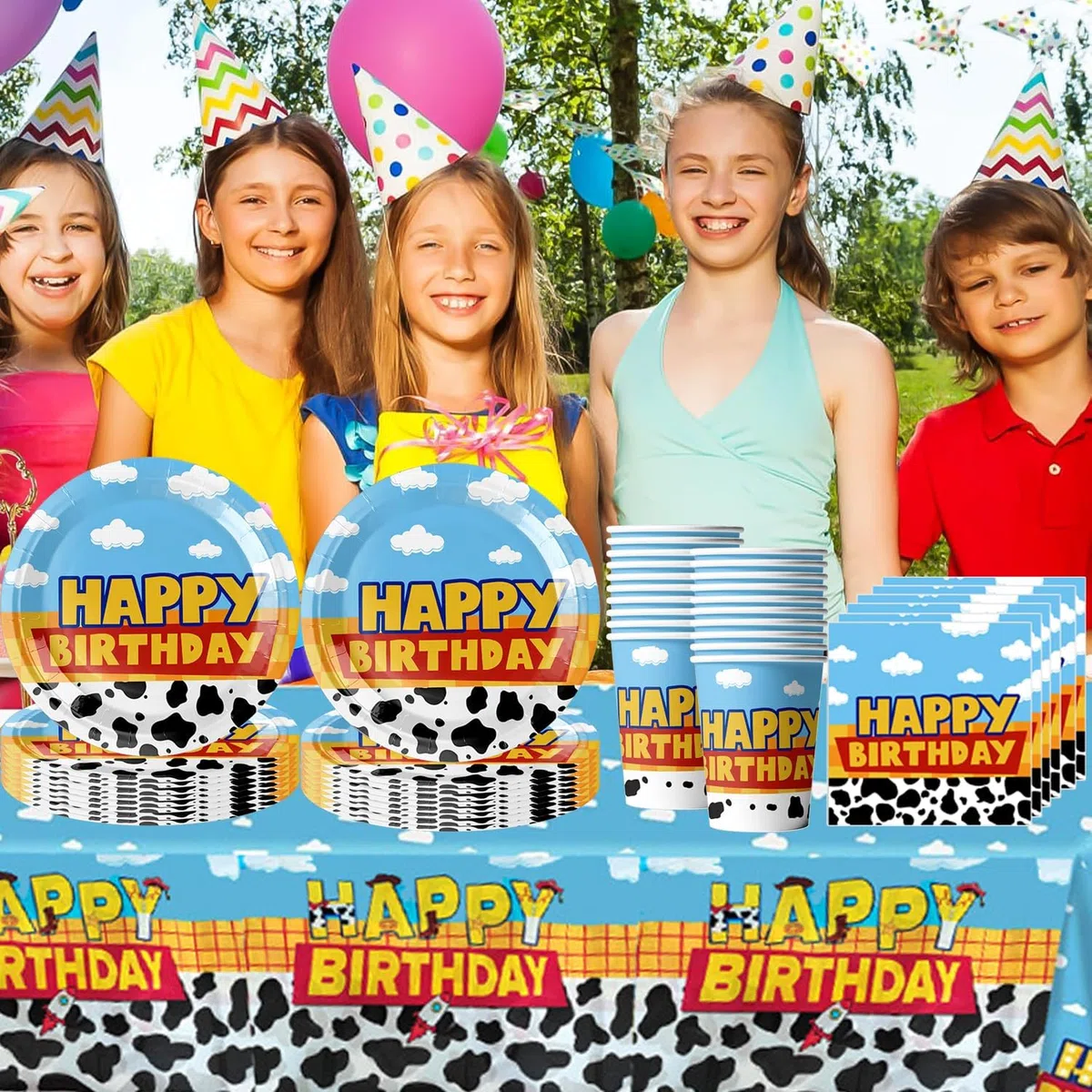 61 piezas de vajilla para fiesta de cumpleaños de Toy Story, vajilla para cumpleaños infantiles, incluyendo vasos, platos, manteles, servilletas de papel, para 20 personas