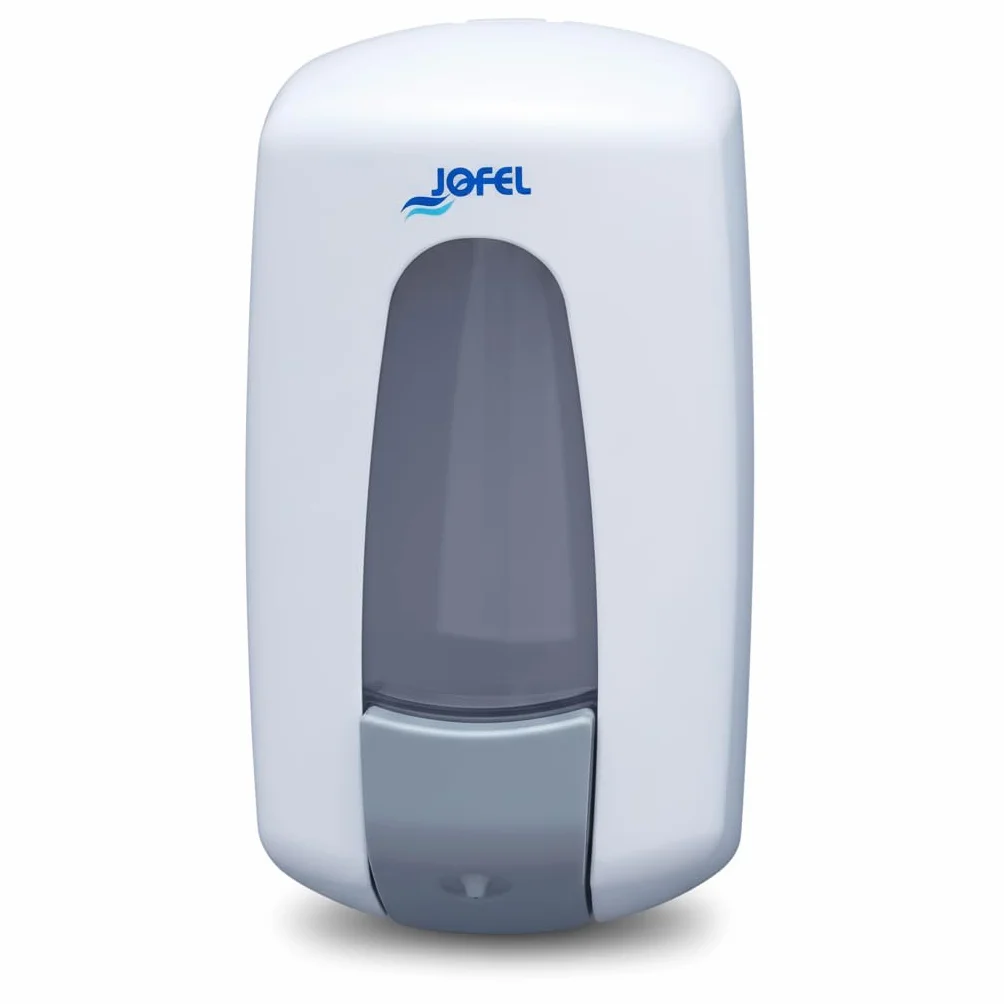 Jofel - Dosificador de Jabón Líquido para Pared, Recargable con Capacidad para 0.9L, Dispensador Jabón Baño Rellenable, Válvula Anticorrosión y Antigoteo, Carcasa ABS, Aitana AC70000, Blanco