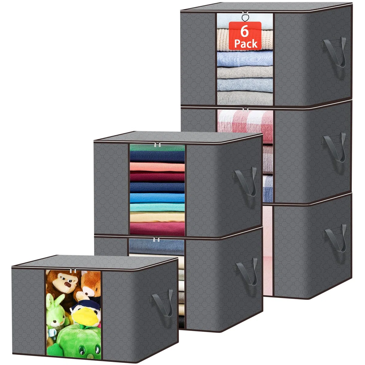 Cajas Almacenaje Ropa 6 Piezas, Bolsas Para Guardar Ropa no Tejido de Gran Capacidad, Bolsas Almacenaje Ropa con Cremallera y Mango Reforzado Suéteres, Abrigos, Mantas, 90L, Gris