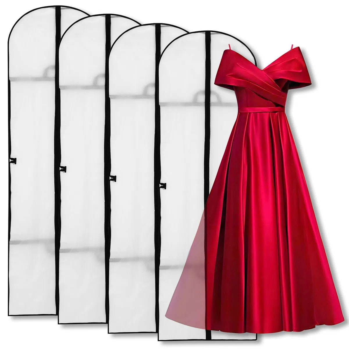 Funda de Ropa 4 Piezas Bolsa de Traje Blanca Bolsas de Ropa Cremallera Cubiertas de la Ropa 180×60cm,para Vestidos de Noche,Vestidos de Novia,Abrigos Largos,Trajes