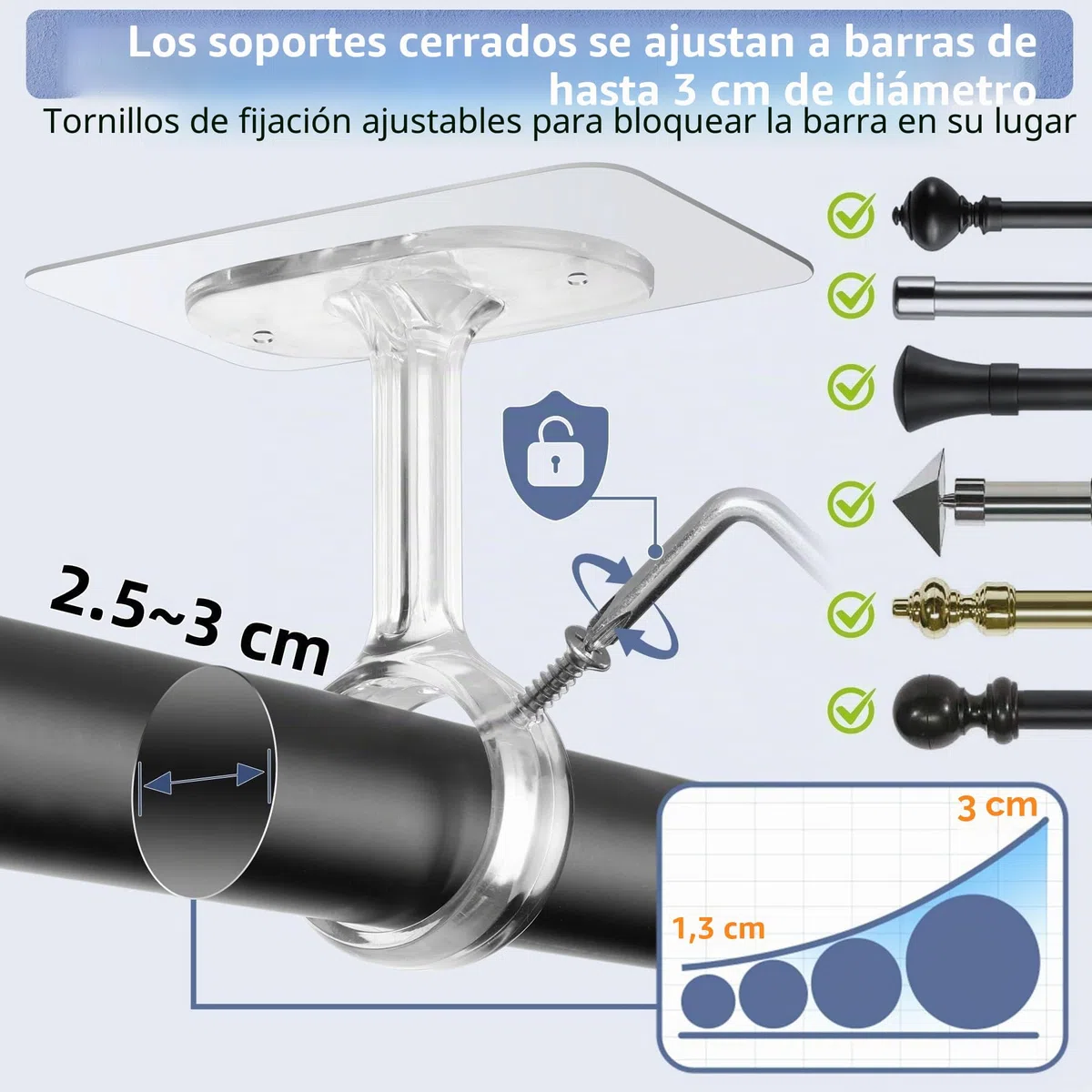 Soportes Ajustables para Barra Cortina de Techo & Pared, 32 mm Diámetro, Montaje Sin Taladro con Tornillos - Ideal para Duchas, Cocina y Armarios (6 Piezas, Transparente)