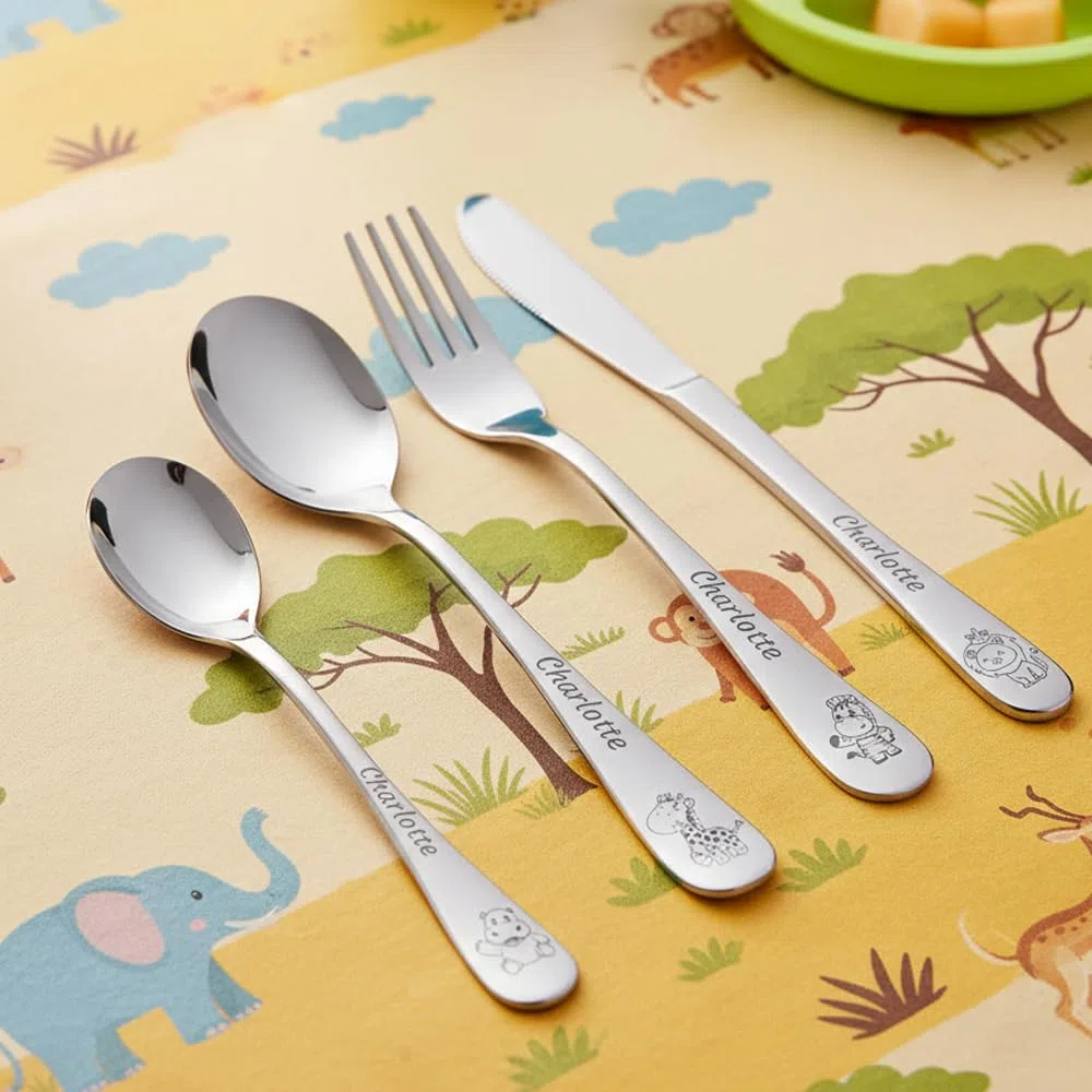 Cubiertos infantiles personalizados con estuche impreso - motivo safari - regalo nacimiento, cumpleaños, bautizo