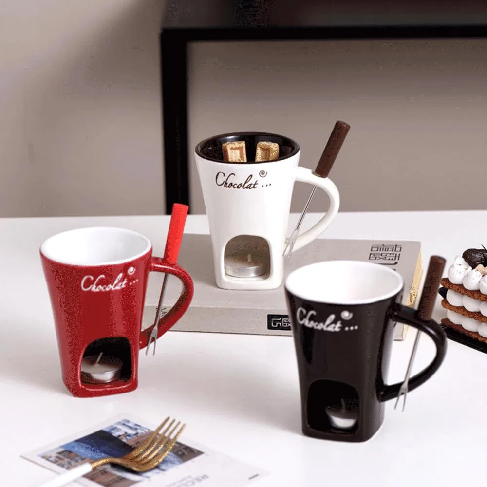 Genérico Fondue de Chocolate, 130ML Taza para Fondue, Taza para derretir Chocolate con Tenedor, Taza para Calentar Fondue para Fiestas de Dulces y bocadillos (Blanco)