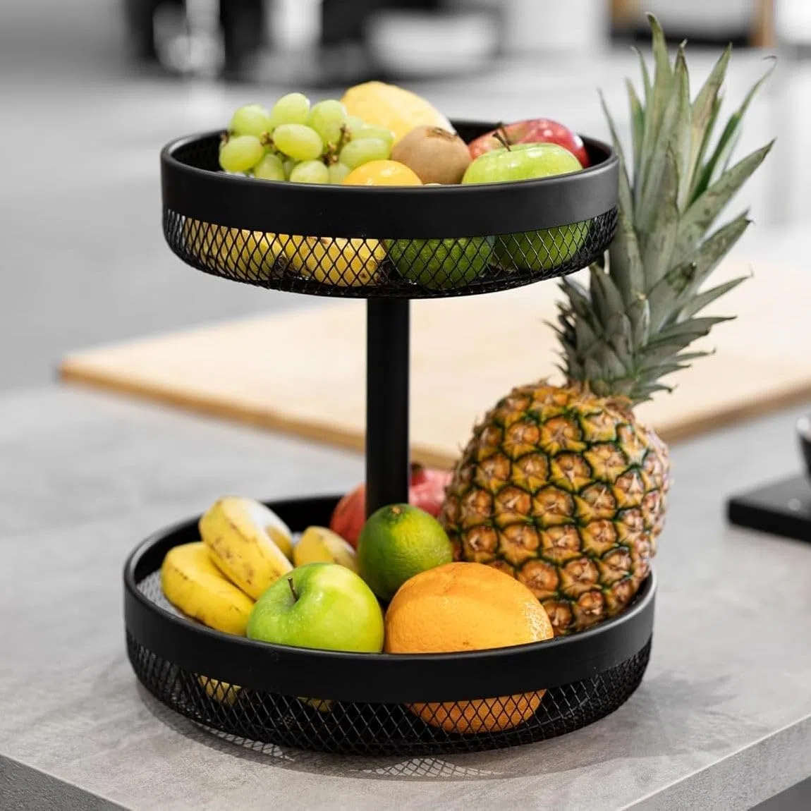 LOLAhome - Frutero moderno negro de diseño con 2 alturas de 30x32 cm. Rejilla de metal para facilitar la ventilación y mantener la frescura de la fruta