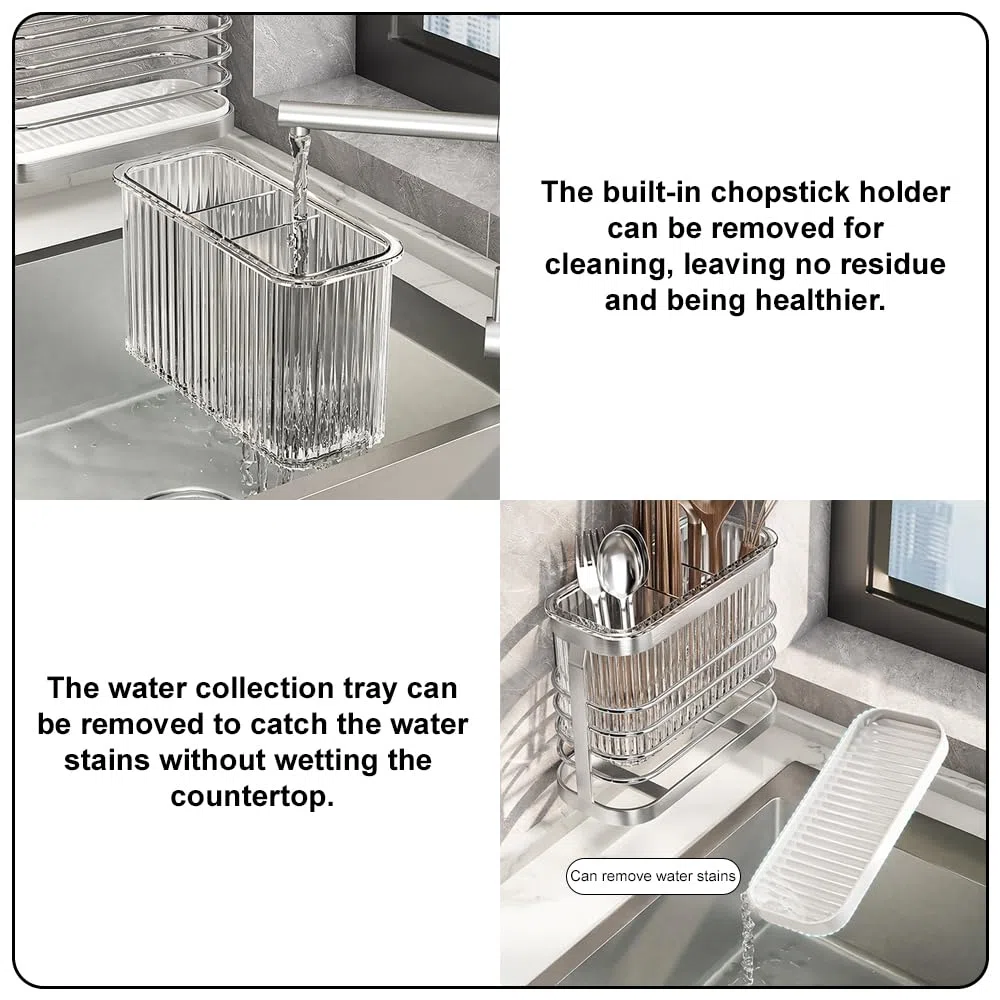 Escurridor Cubiertos, Soporte Utensilios Cocina, Cesta para Cubiertos de Acero Inoxidable, 3 Compartimentos, Sin Necesidad de Taladrar, de Pared, Extraíble, con Bandeja Recogegotas, Plata