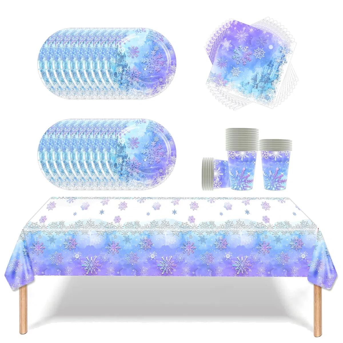 61 piezas Vajilla fiesta Frozen, juego de vajilla copo de nieve azul y morado, 20 servilletas 20 vasos de papel 20 platos de papel 1 mantel, vajilla para niños y adultos