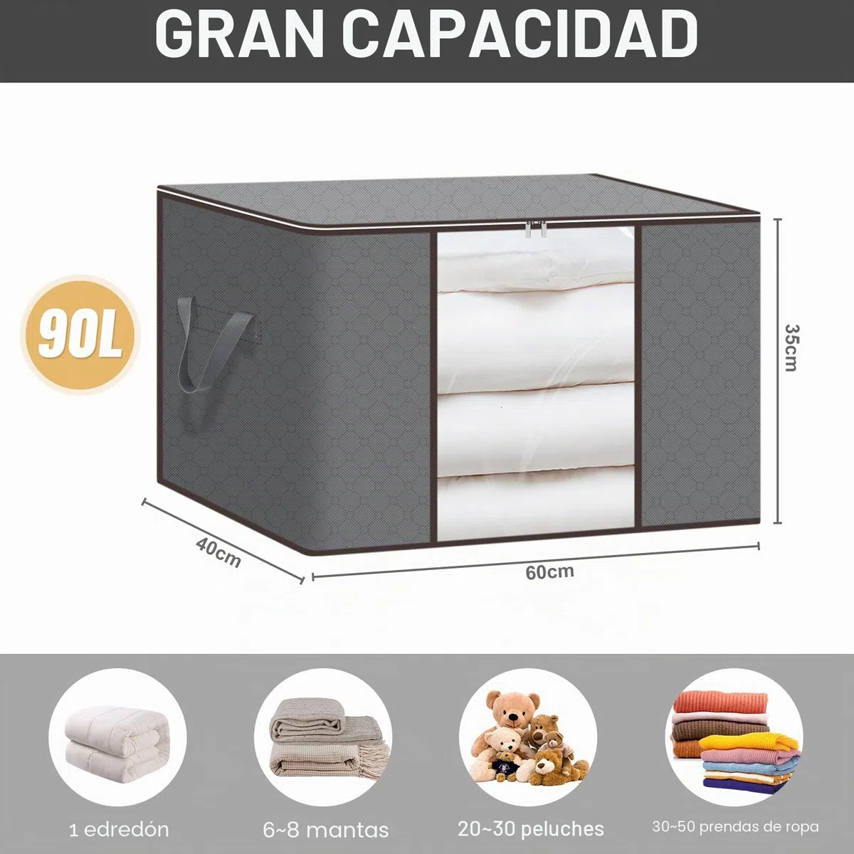 Cajas Almacenaje Ropa 6 Piezas, Bolsas Para Guardar Ropa no Tejido de Gran Capacidad, Bolsas Almacenaje Ropa con Cremallera y Mango Reforzado Suéteres, Abrigos, Mantas, 90L, Gris