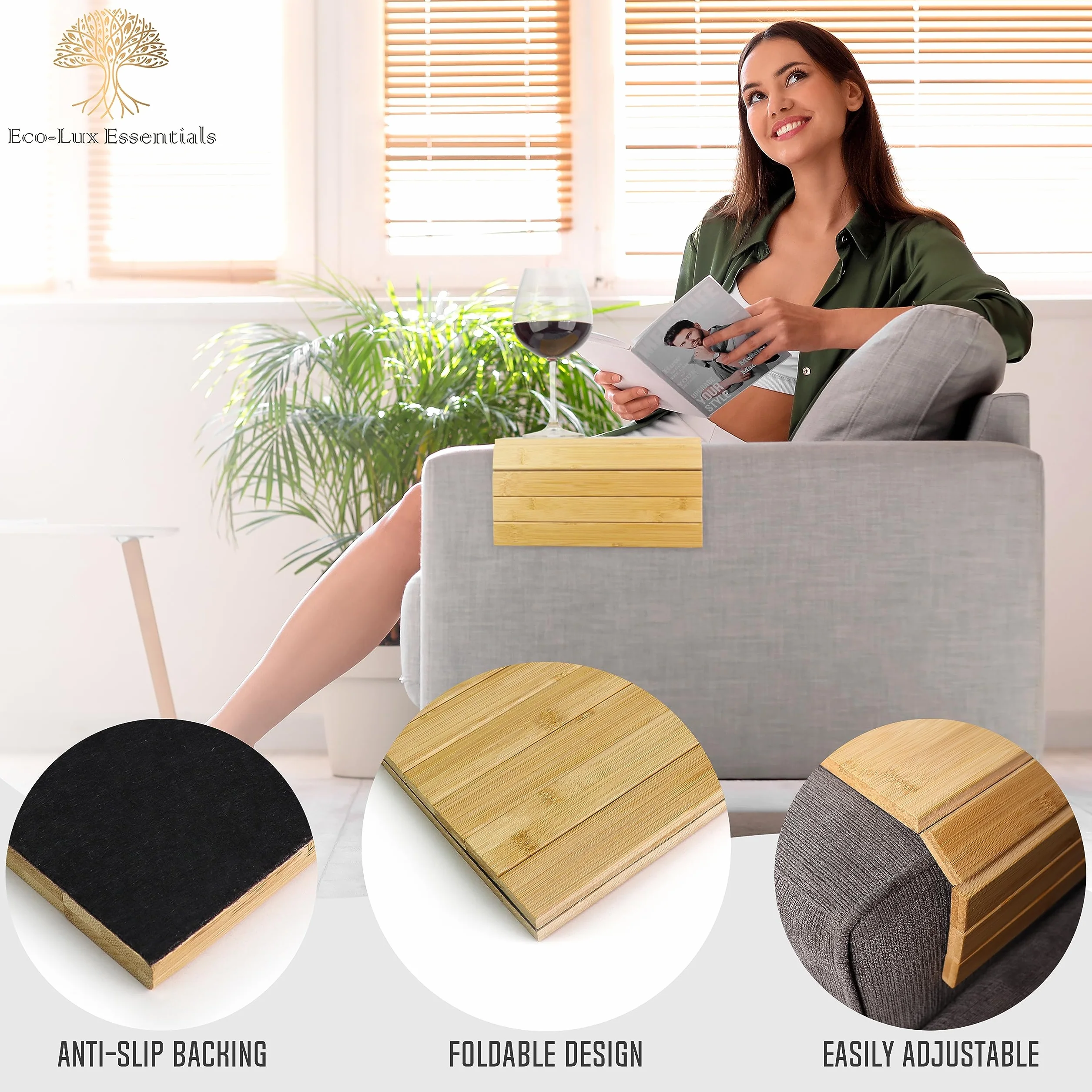 Bandeja de sofá plegable de bambú, organizador de reposabrazos de madera para bebidas, tazones, bocadillos, revistas, control remoto, protector de sofá, soporte para tableta portátil, 36 x 25 x 1 cm