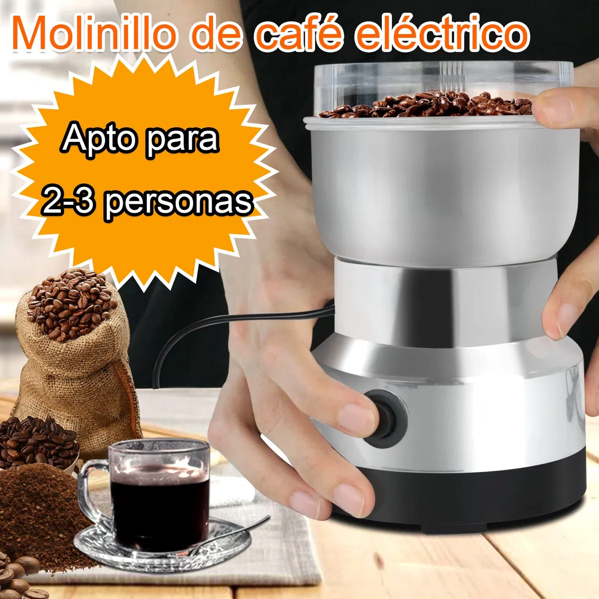 Molinillo de Café Eléctrico,Molinillo de 200W,Molinillo Eléctrico de Café,300ml Molinillos de Especias para Molinillo Semillas,Especias,Secos(Plata)