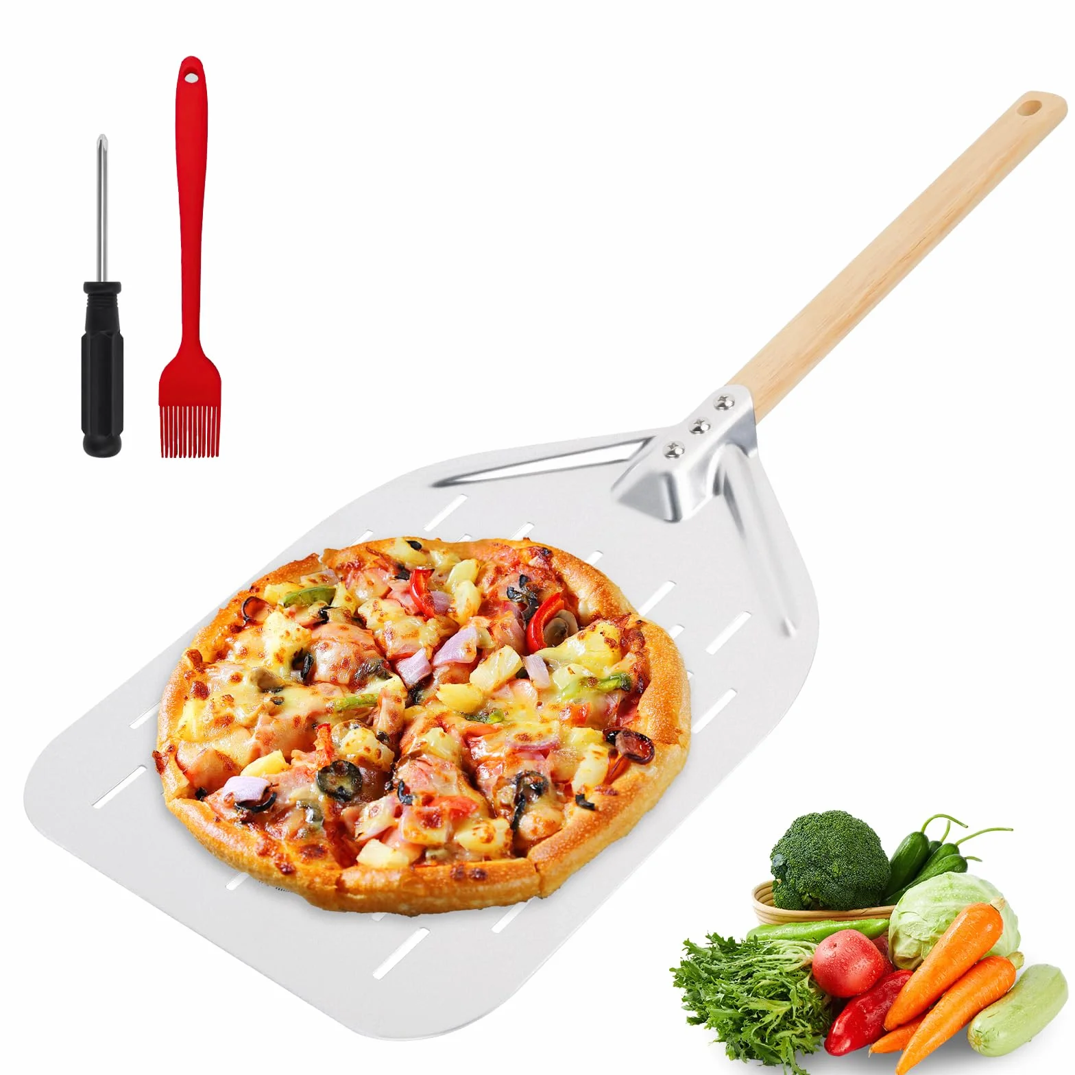 Pala Pizza 39.5 x30 x 2cm, Perforada de Aluminio Para Horno, Profesional Para Pan y Pizzas