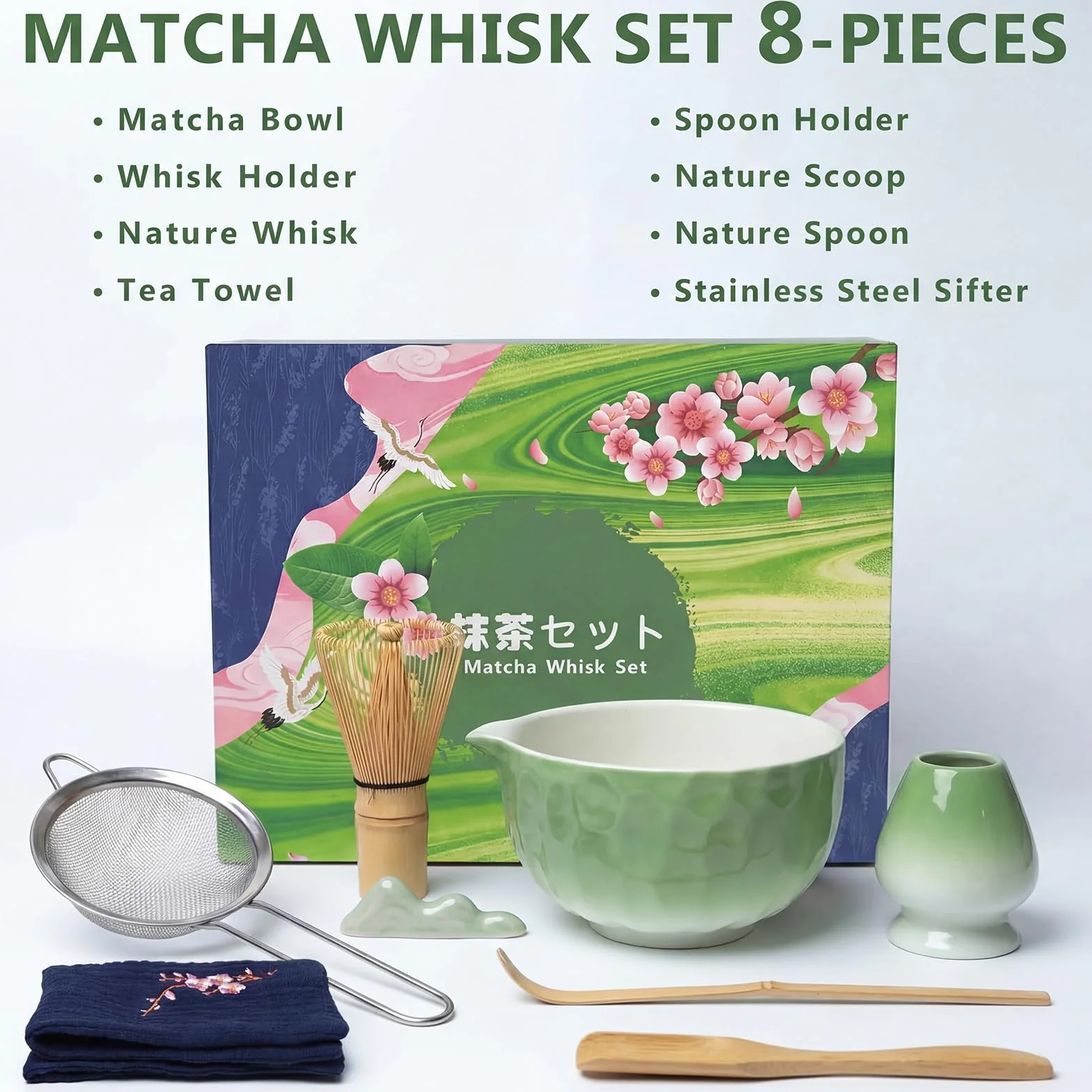 Matcha Kit 8 piezas, Kit Té Matcha Completo Con Cuenco Matcha, Batidor Matcha, Soporte para Batidor, Cuchara, Tamiz, Paño, Kit de Té Matcha Artesanal para Amantes el Matcha, Verde