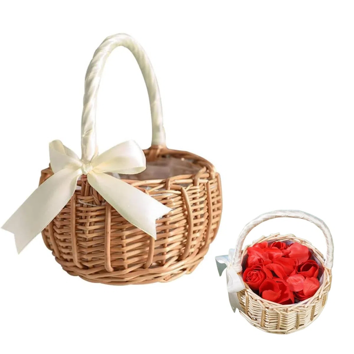 Cestas Pequeñas Mimbre Con Asa Aprox. 1,5 L, Cestas Pequeñas Mimbre Con Asa, Boda Flor Canastilla, Canasta De Niña De Las Flores, Canastilla Para Comuniones, Para Bodas y Decoración (Blanco)