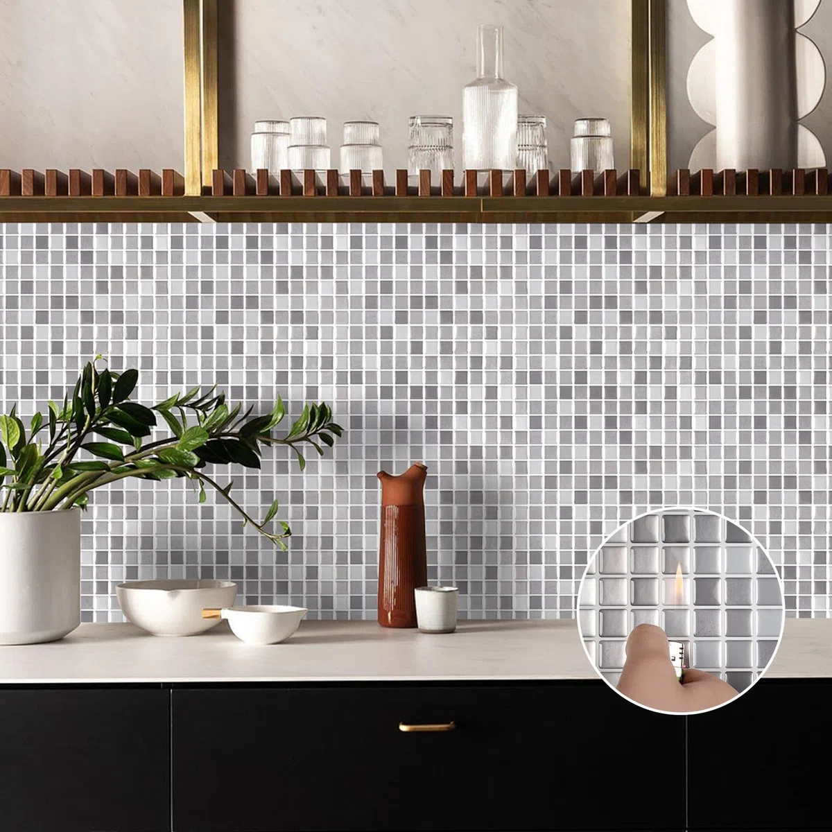 Hode Azulejos Adhesivos Cocina Baño Mosaico Gris, Decoracion Baldosas Adhesivas Pared, Impermeables Vinilos Baño Cocina Azulejos, Vinilo Adhesivo Pared 4 Piezas, 23.6x23.6cm