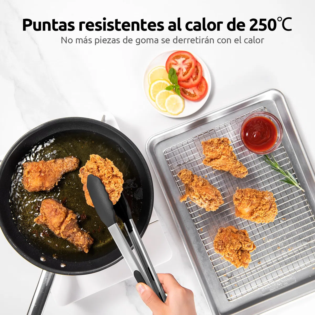 U-Taste Pinzas de Cocina de Silicona: 250℃ Resistentes al Calor con Puntas de Goma Antiadherentes Firmemente Selladas, Mango de Acero y Bloqueo Suave para Barbacoa (Negro, 30cm)