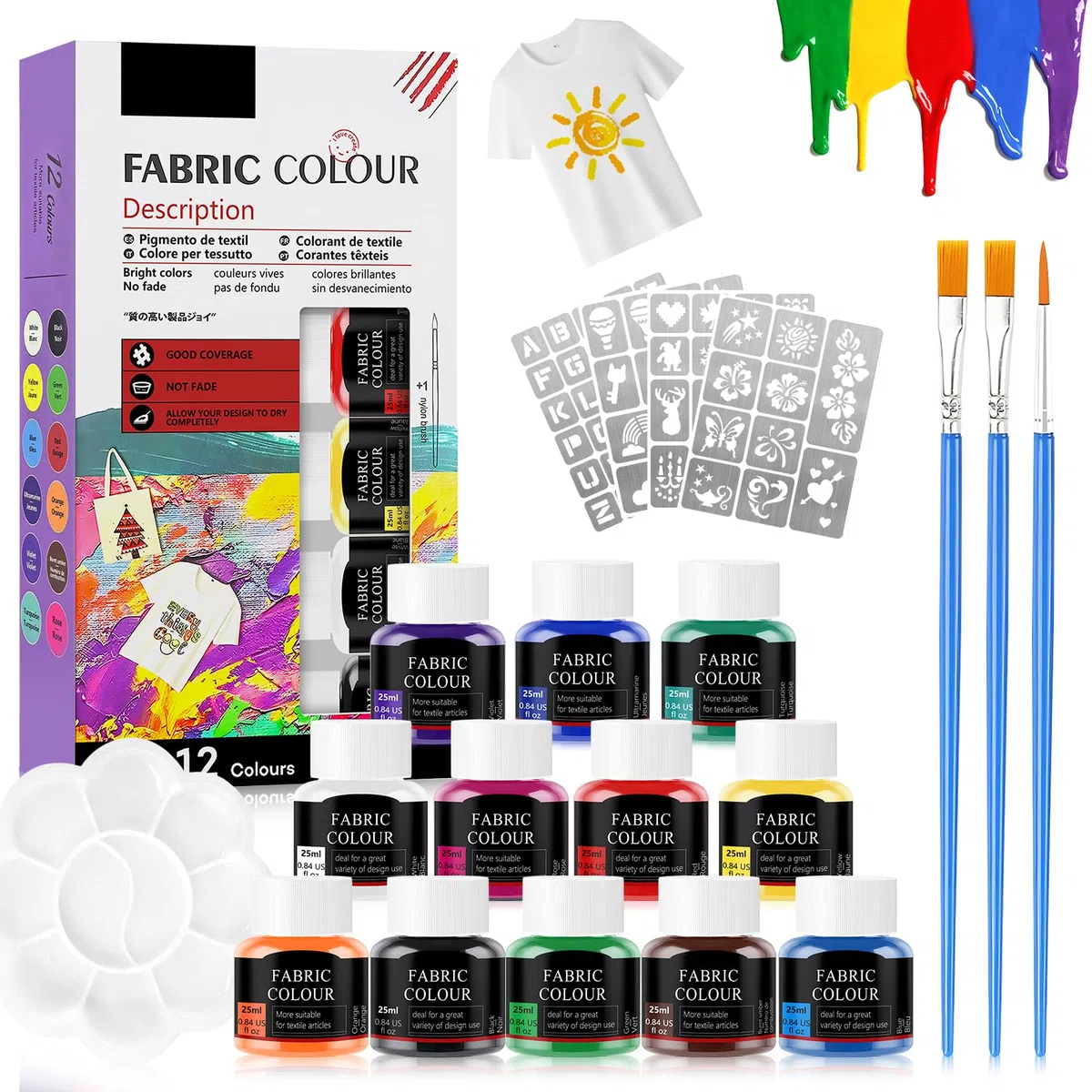 Pintura Textil Permanente y Lavable 12*25ml, Pintura de Tela, Pintura Textil, Fabric Paint, Pintura para Tela Permanente y Lavable, Adecuado para Pintar Sobre Diversos Tejidos, con 4PCS Plantillas