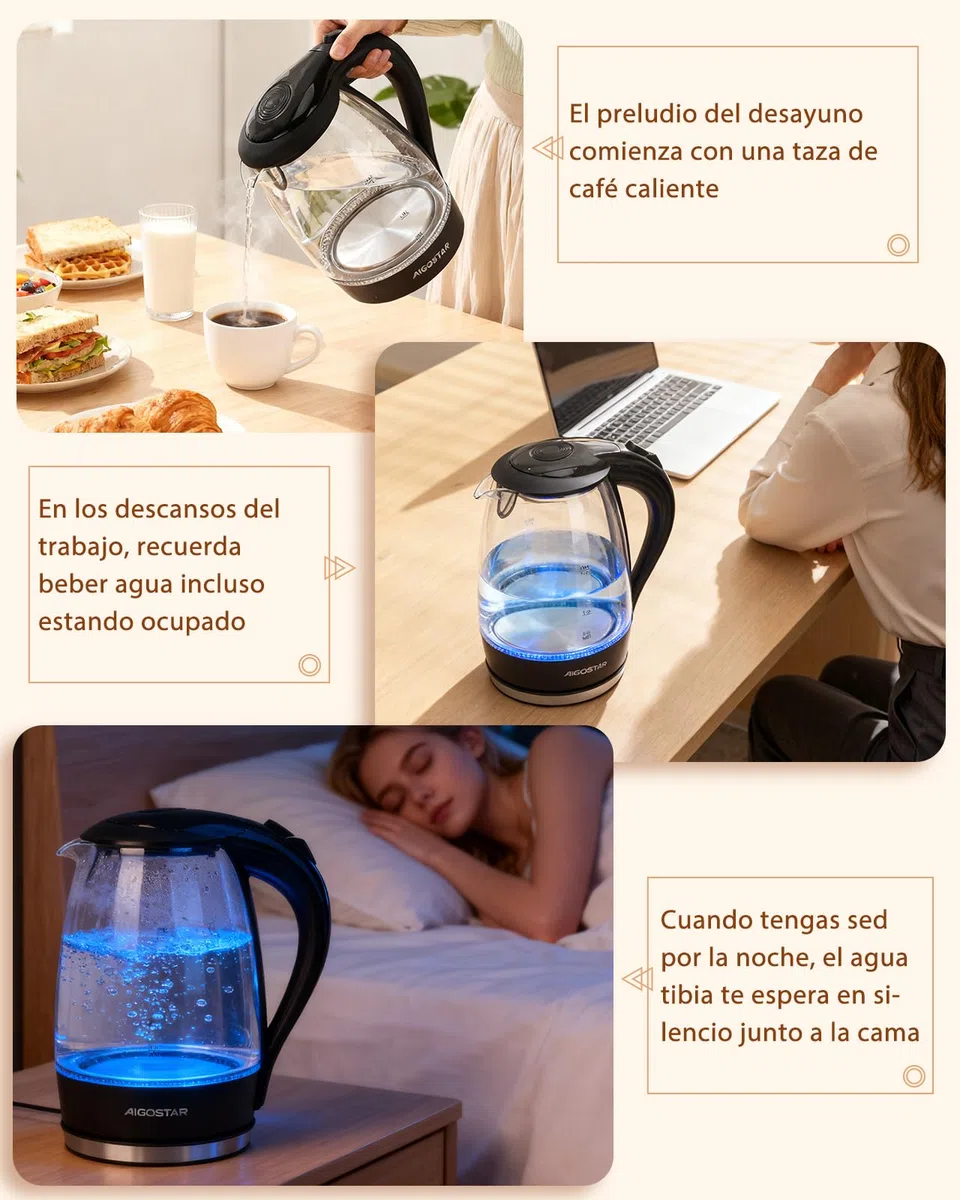Aigostar Adam 30GOM - Hervidor de Agua Eléctrico de Cristal, Hervidores Eléctrico con Iluminación Led, 1,7 L, 2200W, Libre de BPA y Sistema de Protección Contra la Ebullición en Seco, Base 360º