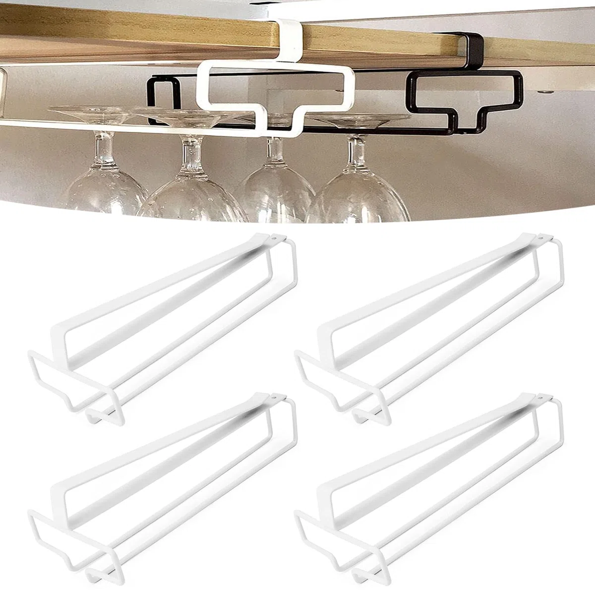4 Piezas Soporte para Copas de Vino Colgante, Colgador Copas Sin Taladrar de Metal Estante para Colgar Copas para Cocina Bar Restaurante (Blanco)