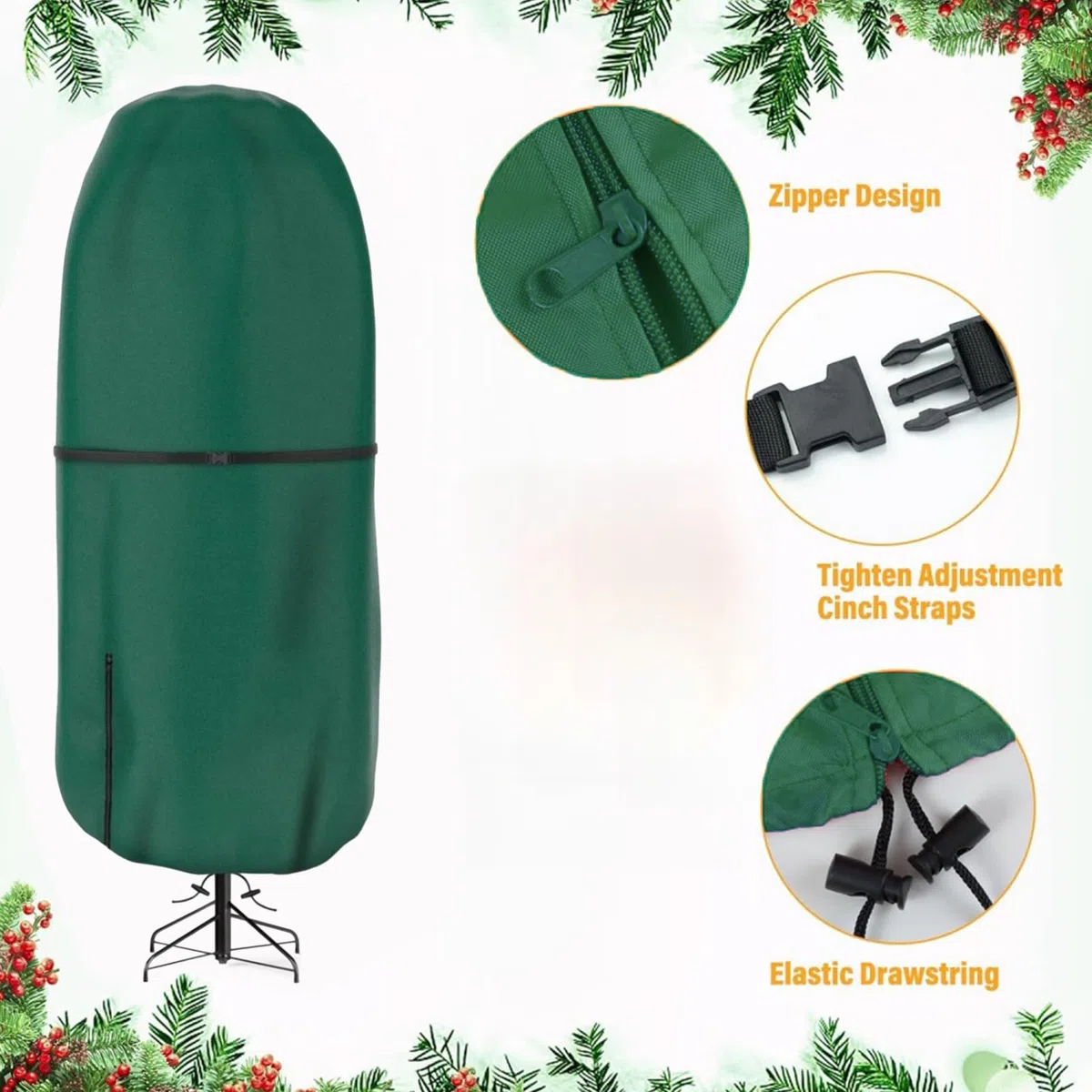 Bolsa para árbol de Navidad, funda de inserción plegable, soporte de temporada interior, bolsa de cierre compacto, correas de agarre duraderas, con escudo fuera de temporada para limpieza de abeto