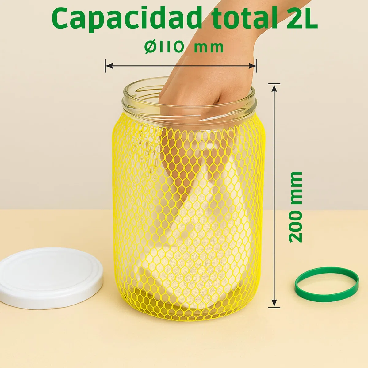myFERMENTS - Tarros Grandes de Cristal con Tapa | Botes de Boca Ancha de 2L | Incluye 2 Muselinas de Algodón y 2 Gomas | Ideal para Kombucha, Kefir y Conservas | Incoloro, Vidrio