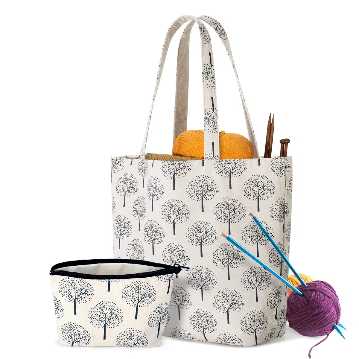 YARWO Bolsa de Tejer, Organizador de Ovillos, Bolsa de Labores con Mango y Bolsillo Separado para Caber Labores de Tejer y Accesorios, Árbol.