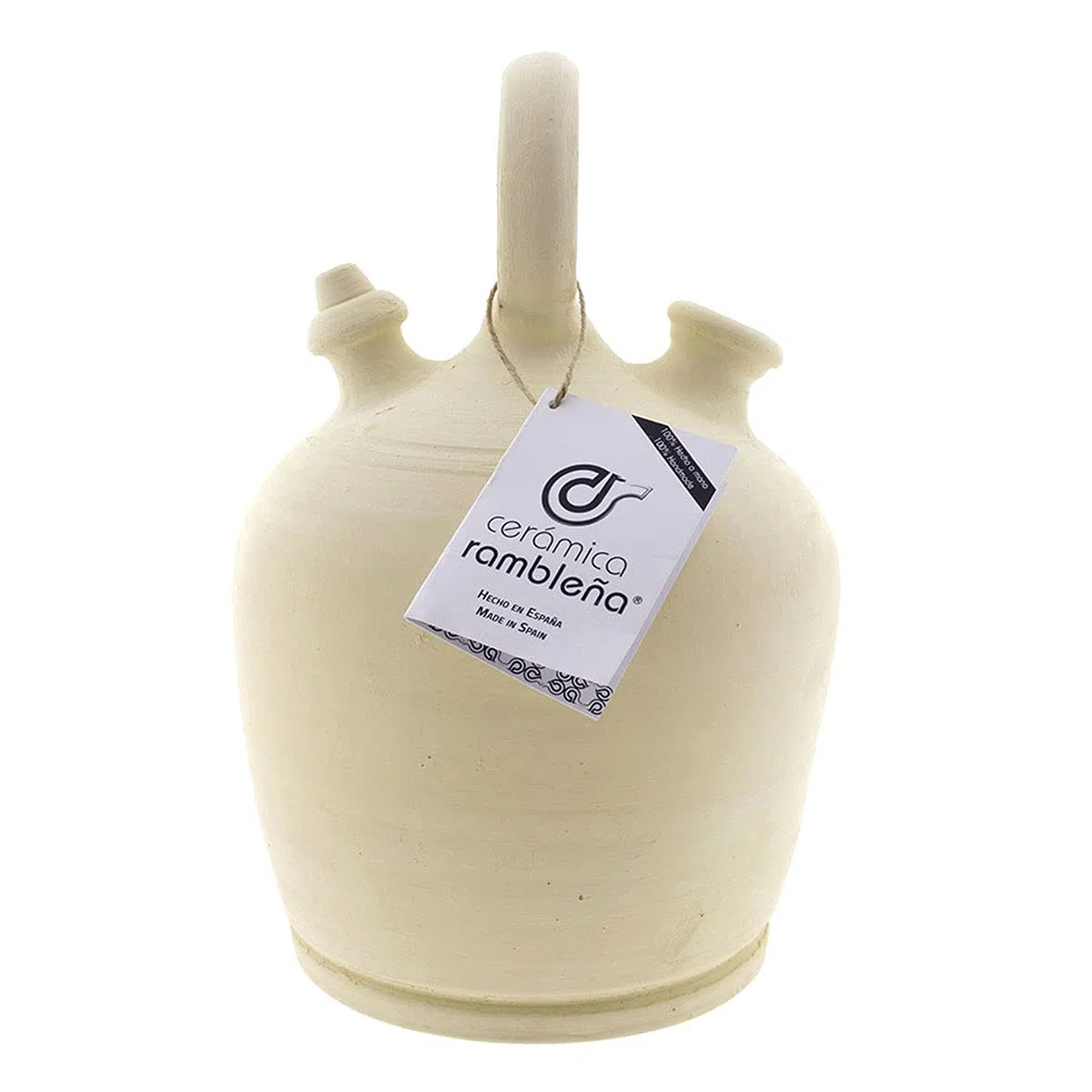 CERÁMICA RAMBLEÑA | Botijo de Barro Tradicional asa Redonda Base Ancha de La Rambla (Córdoba) | 100% Hecho a Mano | 1 litro | Eco | Plato NO Incluido