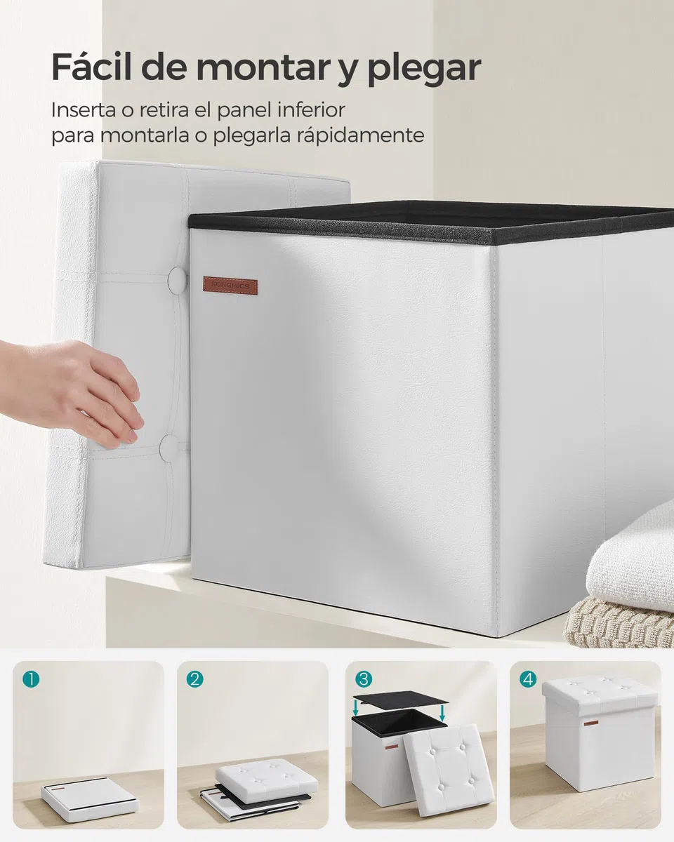 SONGMICS Puff Almacenaje de 38 cm, Banco de Almacenamiento Plegable con Tapa, Reposapiés, Cuero Sintético, Carga de 300 kg, para Entrada, Sala de Estar, Dormitorio, Blanco Nube LSF030W11