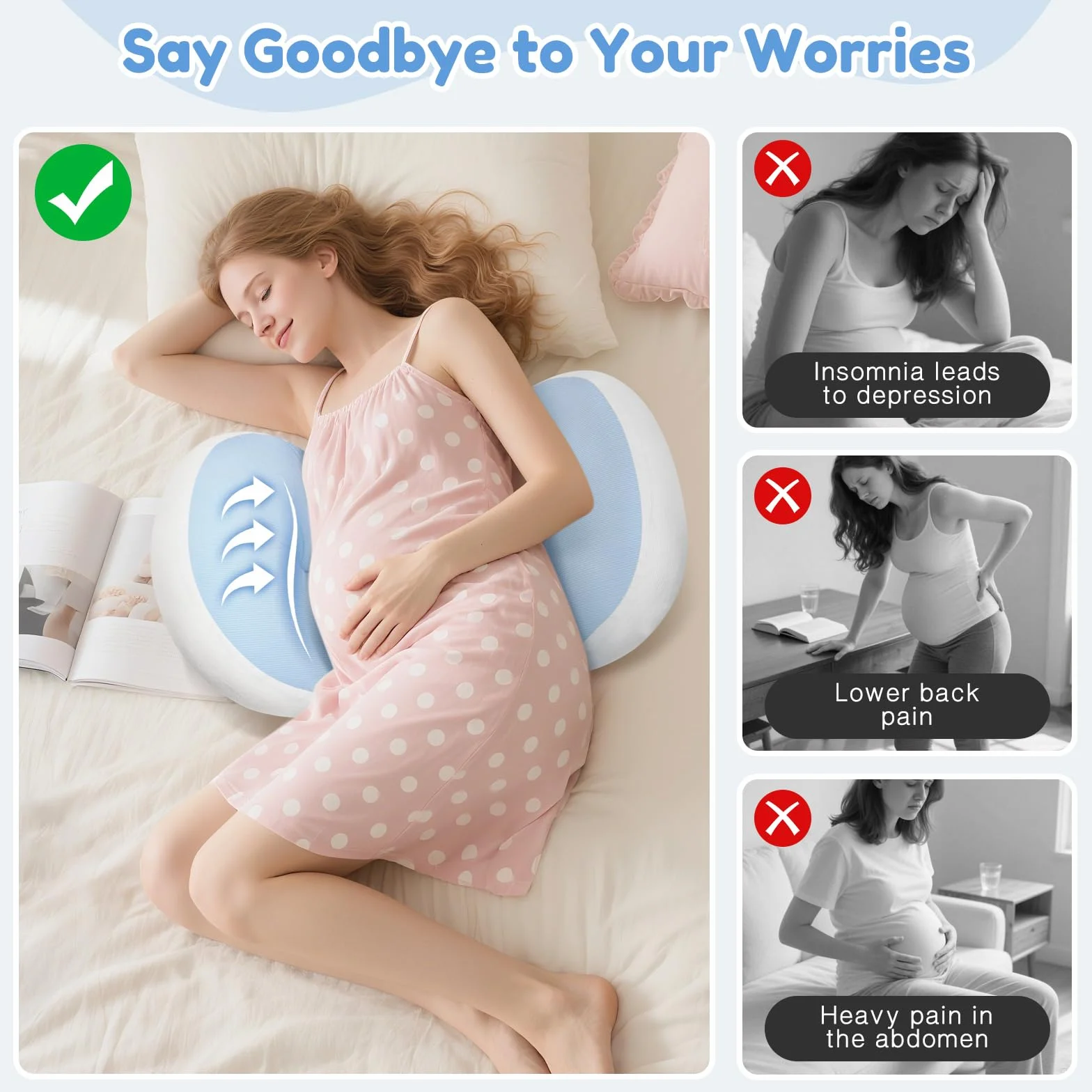 Almohada Embarazada, Ajustable Pregnancy Pillow, Suave Y Cómodo Almohada para Embarazadas para Apoyo De Espalda, Caderas, Doble Cuña Extraíble con Funda, La Mejor Momo Embarazada (Azul)