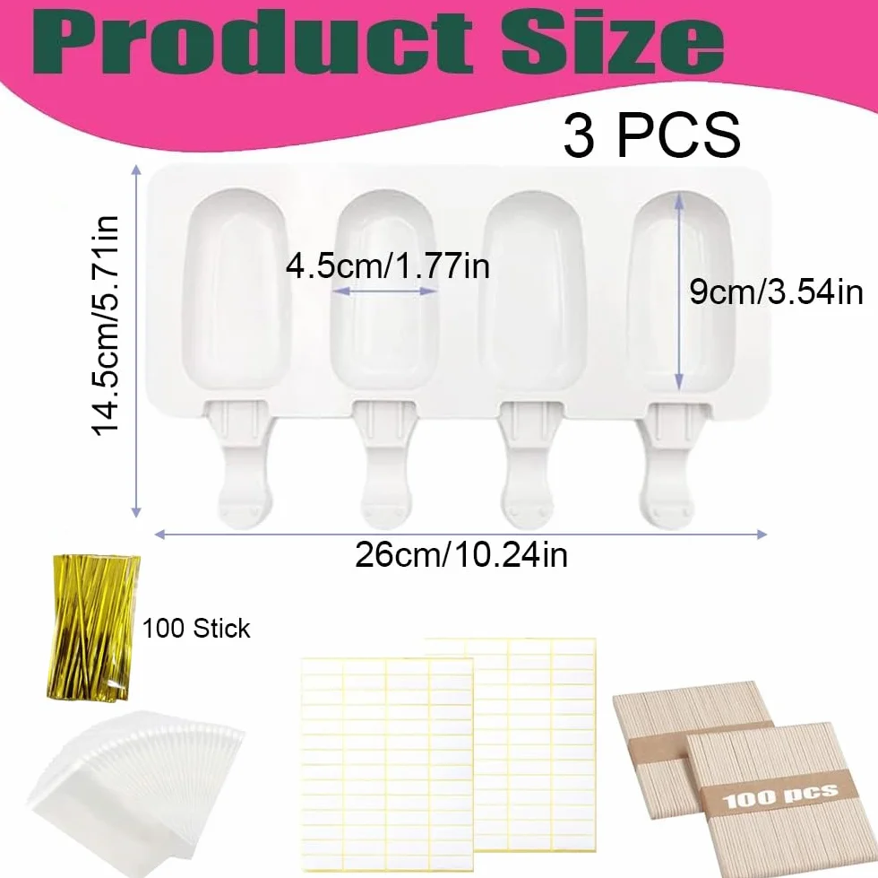 Moldes de Helado, 3 Pack Molde de Helado de Silicona con 100 Palos Madera, 100 bolsas de embalaje, 100 ligamentos, 100 etiqueta,sin BPA, Para postres helados o chocolates caseros (C)