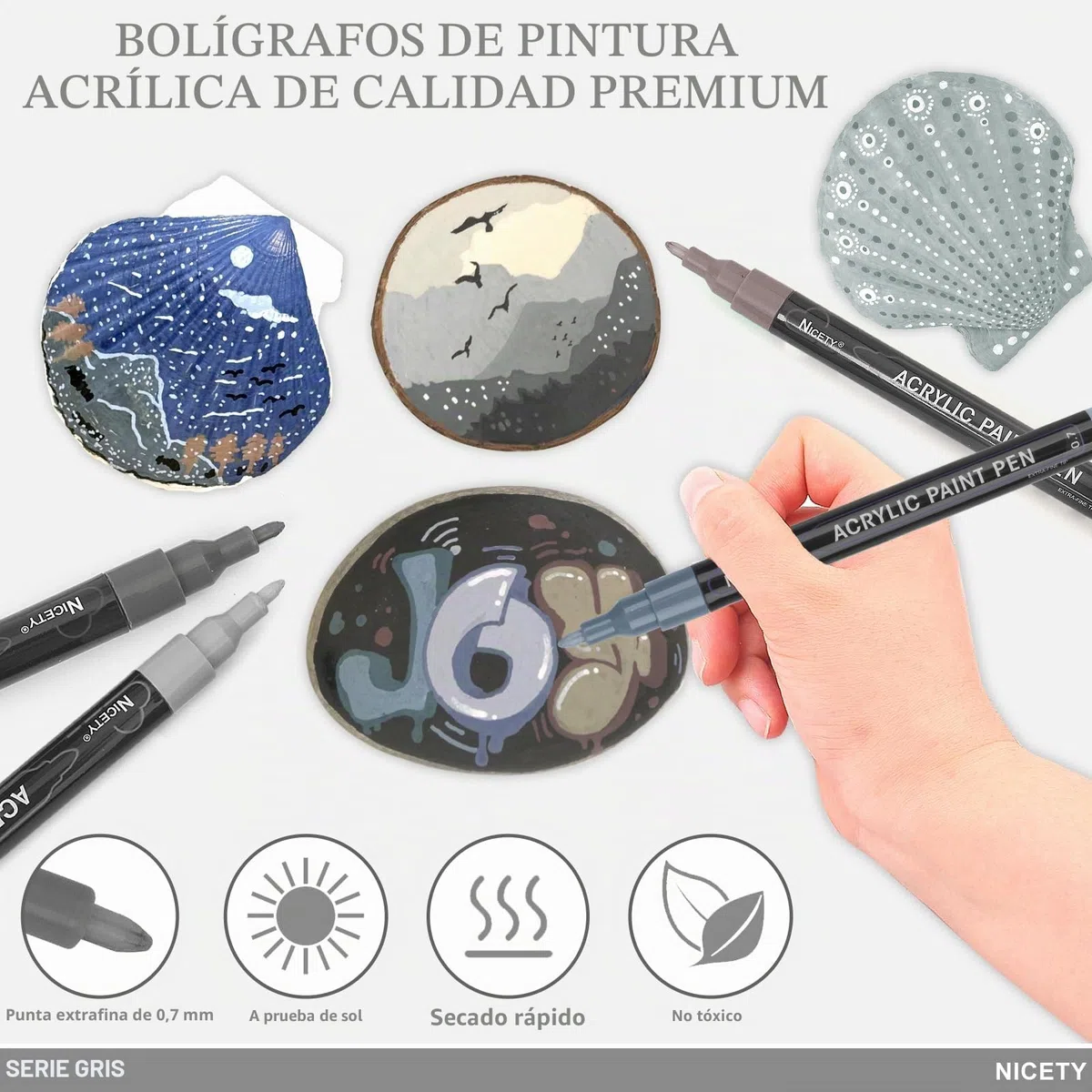 NICETY 30 Rotuladores Acrílicos, Punta Fina 0,7 mm - Colores Vibrantes para Pintura en Tela, Rocas y Madera - Ideal para Artistas (Gris)