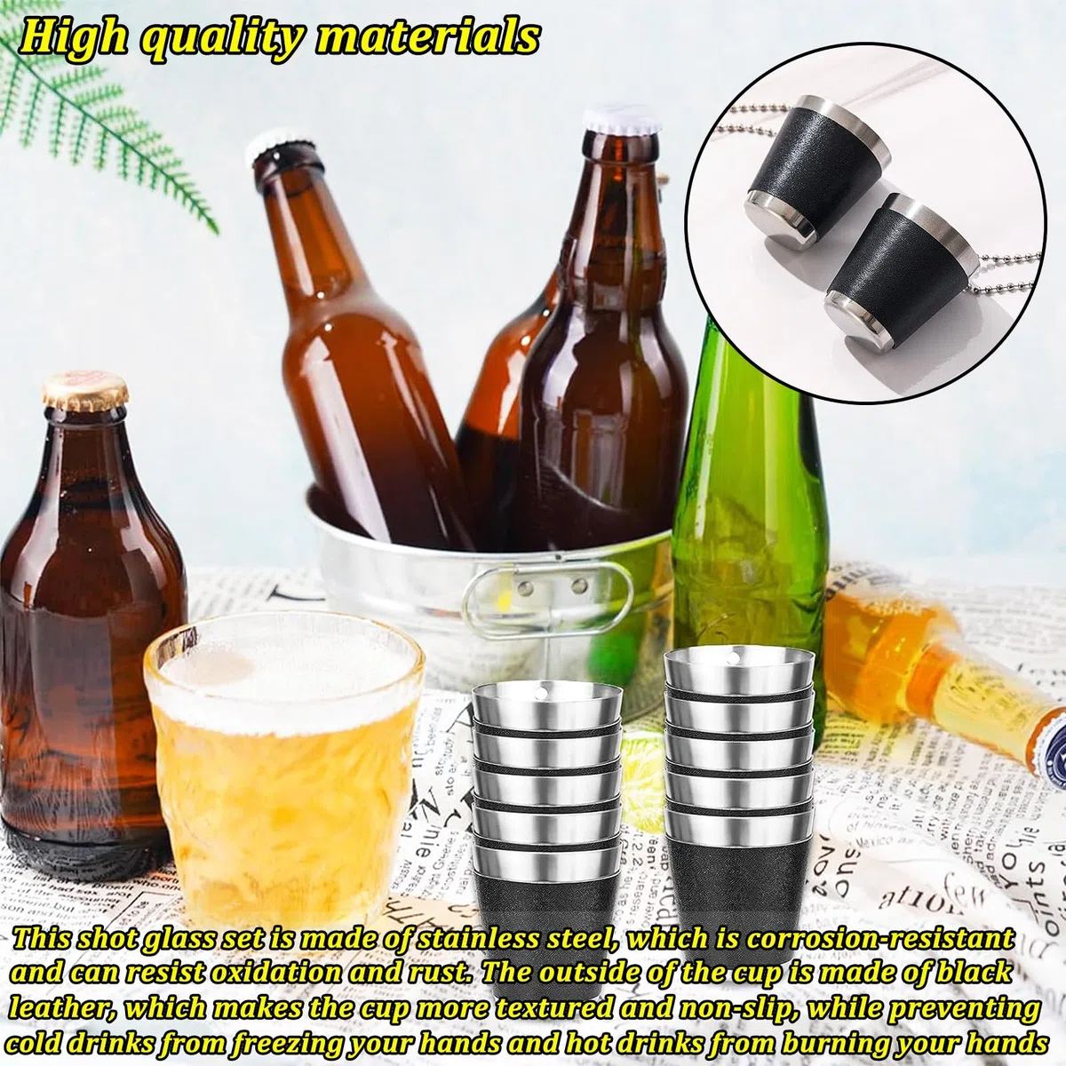 12 Piezas Vasos de Chupito de 30 ml de Acero Inoxidable Negro, Vasos de Chupito para Colgar, Para Celebraciones de Bodas, Carnavales y Fiestas al Aire Libre(4,2 x 3,7 cm, Negro + Plata)