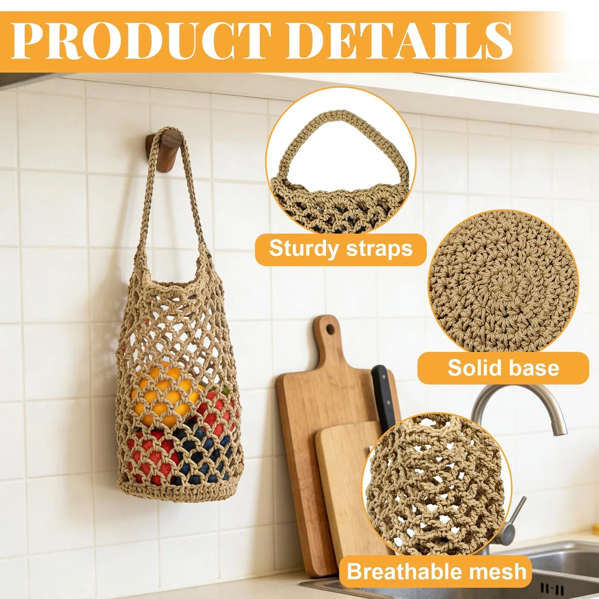 Cestas Colgantes para Frutas, Cesta Colgante de Pared Cestas de Frutas Vegetales para Colgar, 2 Piezas Tejido a Mano Malla 32x16cm para Huevos Frutas Verduras, Suspensión en Pared o Techo