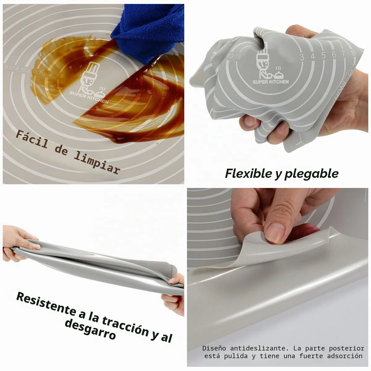 SUPER KITCHEN Tapete de Silicona para Hornear con Cortador de Masa, Tapete de Antiadherente para Amasar, Estera de Antideslizante Pastelería, Tapete para Fondant, Pasta, Pizza, Torta (Gris, 71x51cm)