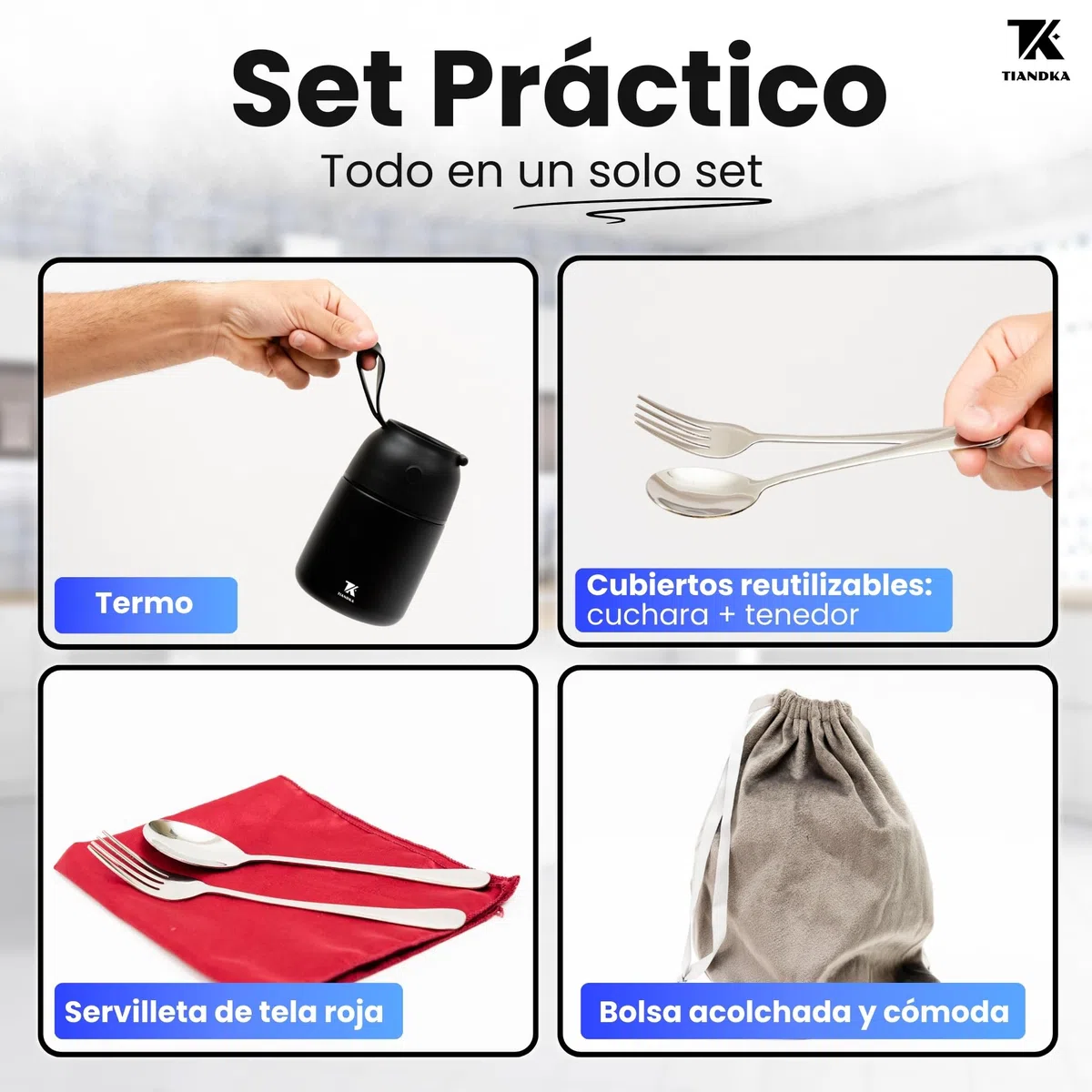 Termo Comida Caliente con Bolsa de Transporte, Servilleta Reutilizable, Cuchara y Tenedor Acero Inoxidable, 500ml, Fiambrera Termica, Termo solidos bebe, Tupper Termico, Apto Lavavajillas