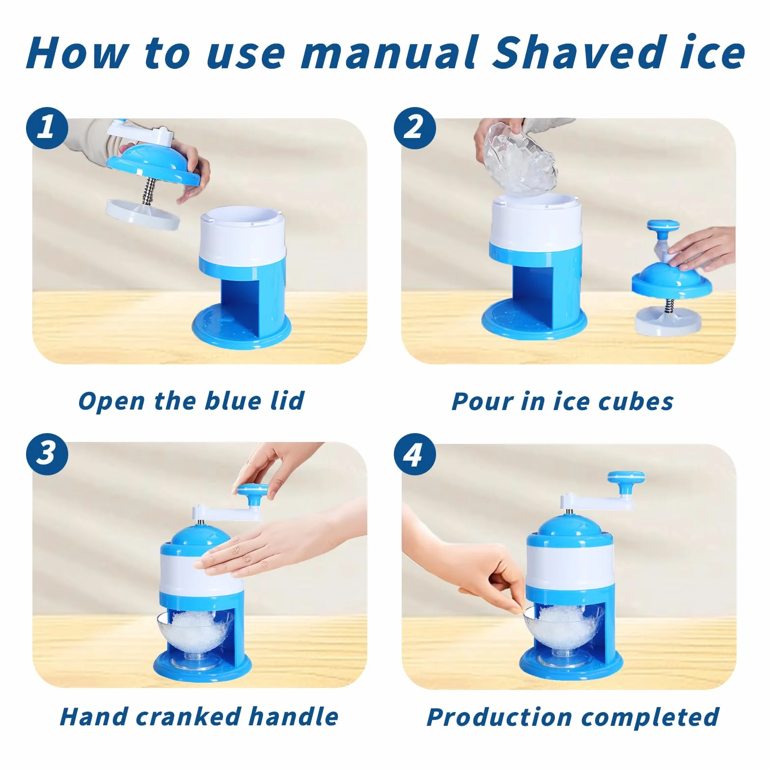 Manual Picadora de hielo raspado,Trituradora de hielo manual Rotary,Slush Machine,Perfecto para batidos y hielo picado - Sin BPA (Azul)