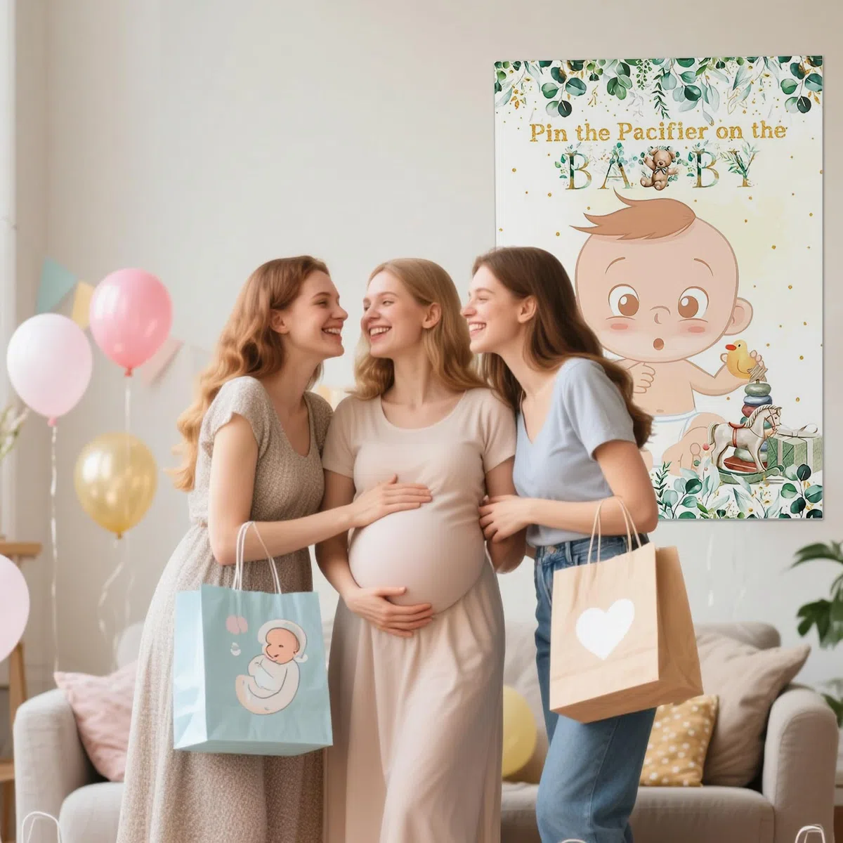 Juego de juegos de baby shower, póster con 2 vendas para los ojos y 24 calcomanías para chupete, decoración verde salvia