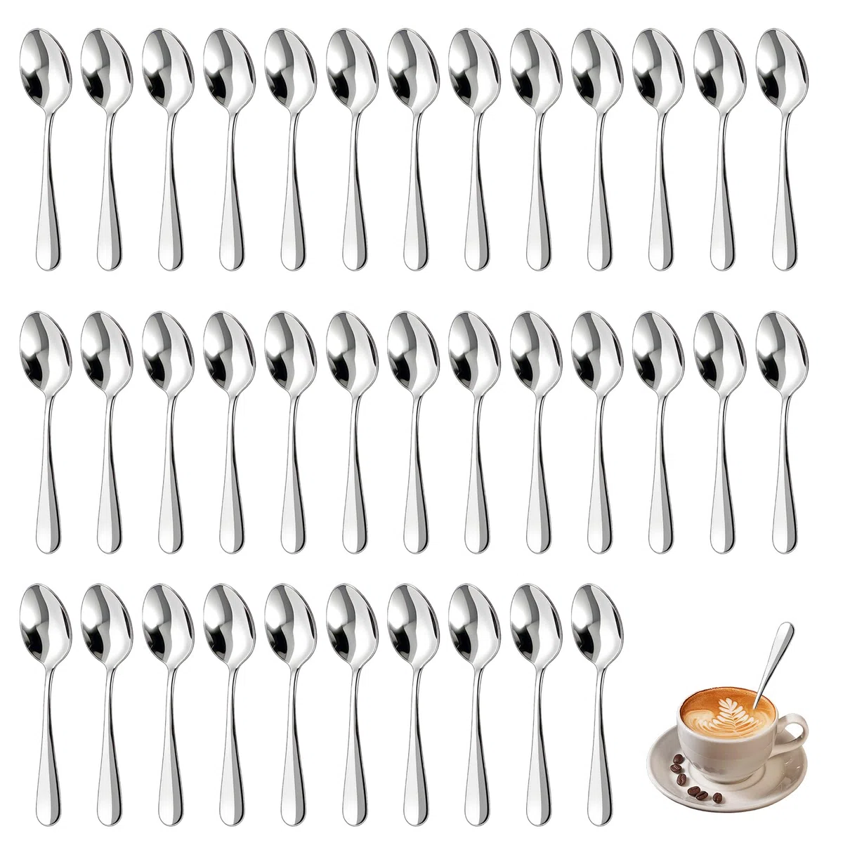 36 Piezas Cucharas de Postre, 13,8 cm Cucharillas Cafe, Cucharas Soperas, Cucharas de Acero Inoxidable, Cucharillas, Pulidas con Espejo, Resistente, para Té, Postre, Pastel, Postre y Ensalada, Plata